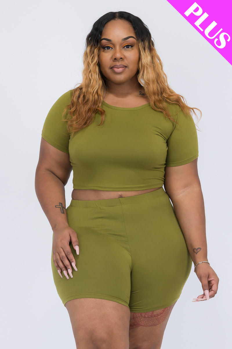 Stylish Plus Size Short Sleeve Crop Top & High Waist Shorts Set for Women - Trendy Summer Outfit for Beach, Vacation & Casual Wear