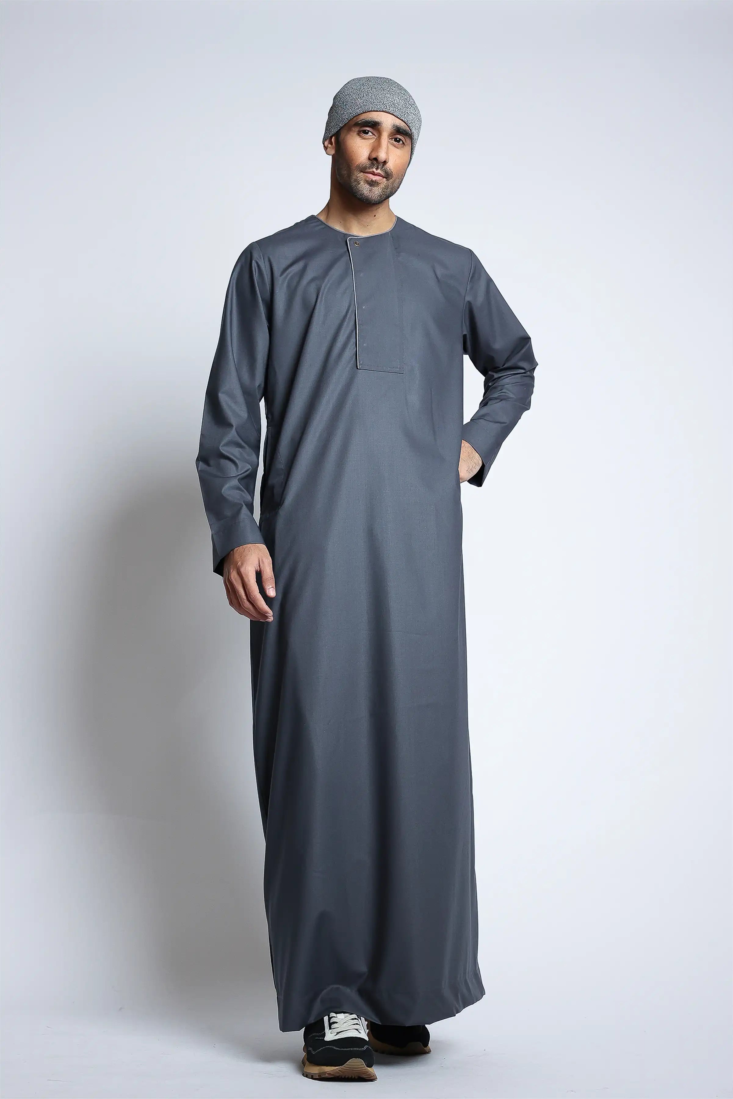 J144 Dusty Grey Piping Thobe - Traditional Islamic Robe for Men | Perfect for Eid, Ramadan & Daily Wear