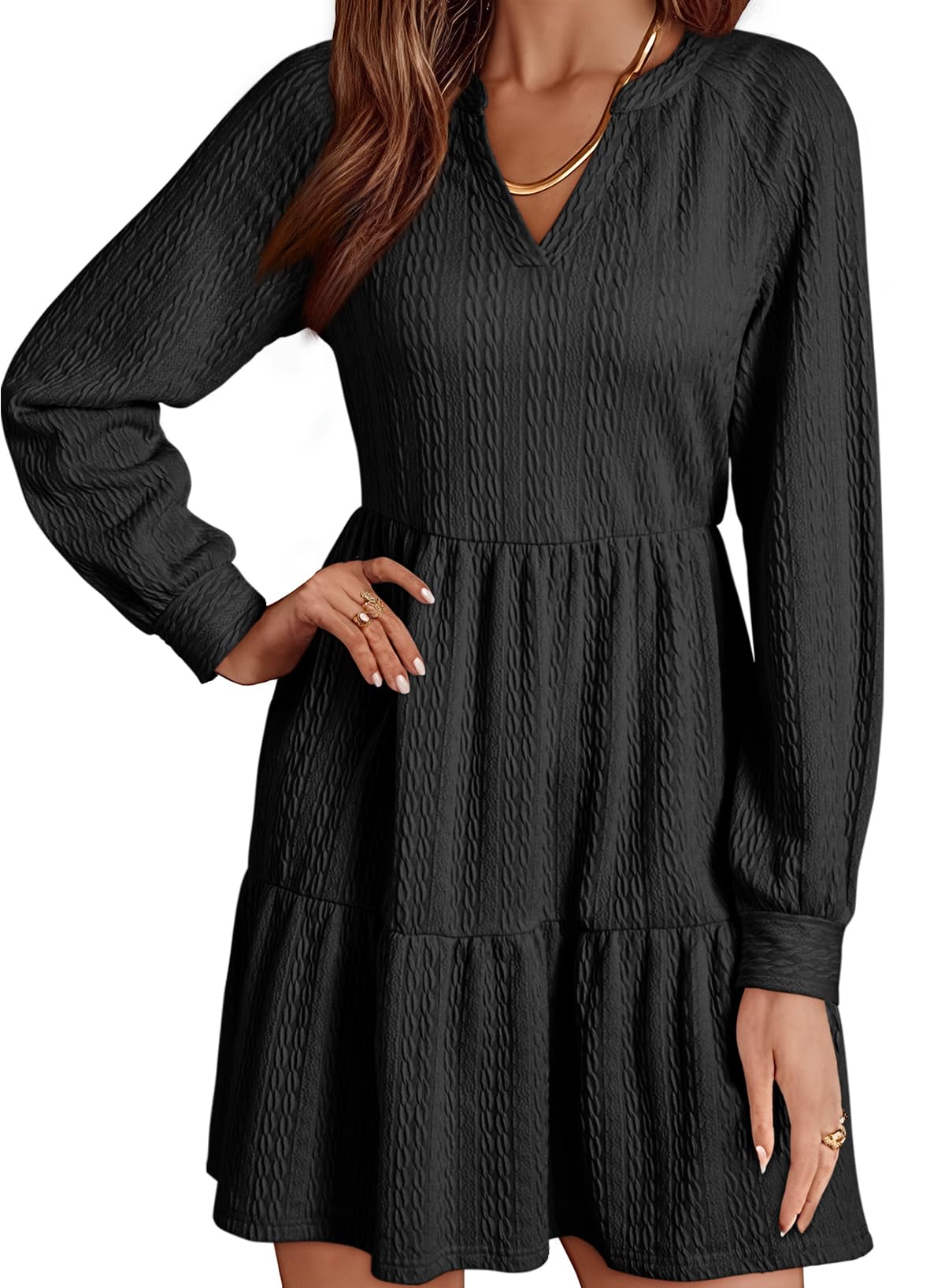 Dokotoo Women's Long Sleeve V-Neck Textured Casual Dress 2025 | Tiered Ruffle A-Line Swing Mini Babydoll Dress for Date Night, Party & Everyday Wear