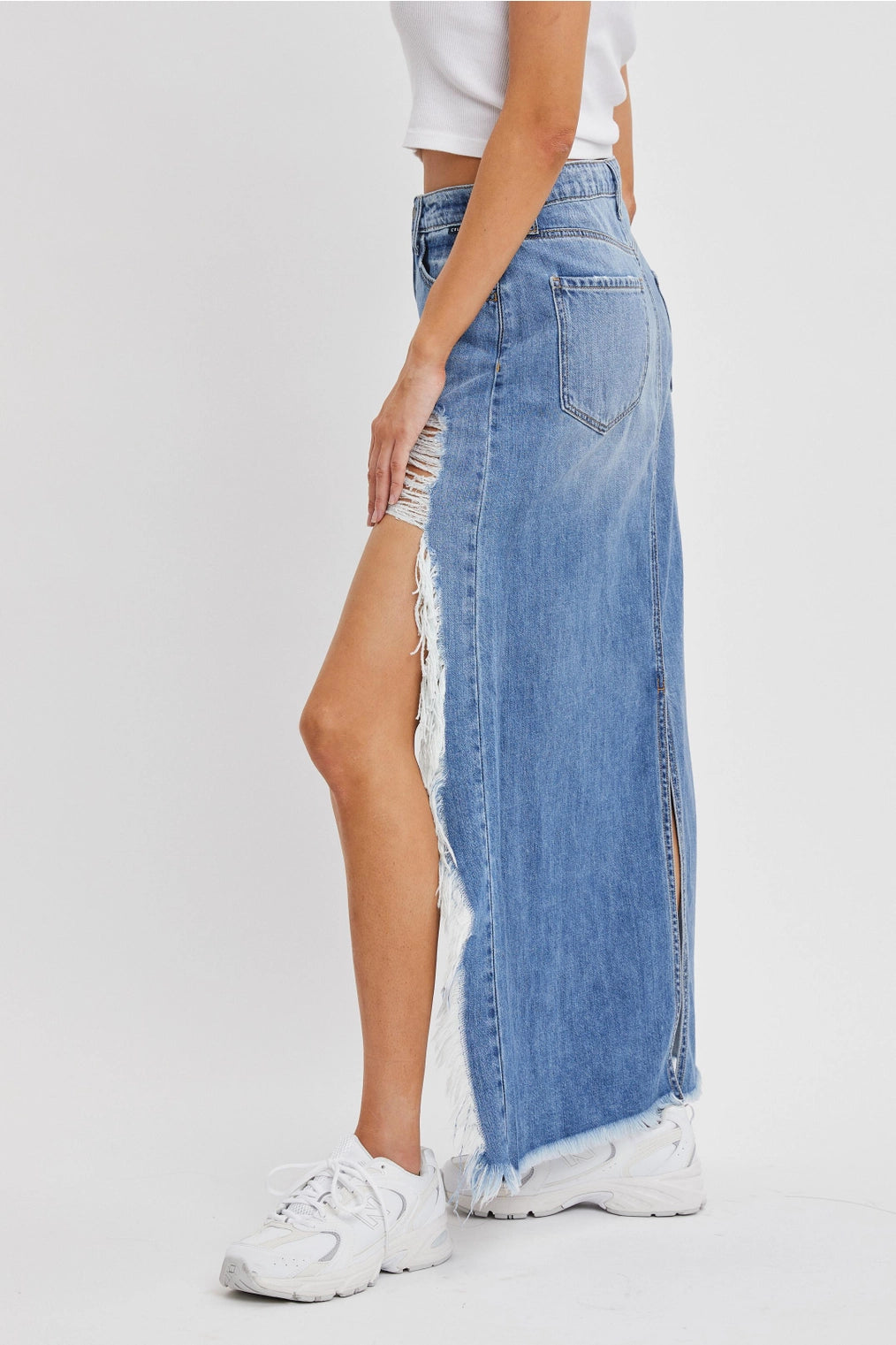 Distressed Denim Slit Skirt for Women - High Waisted Ripped Jeans Skirt with Side Slits - Trendy Vintage Style for Casual Outfits & Streetwear Fashion
