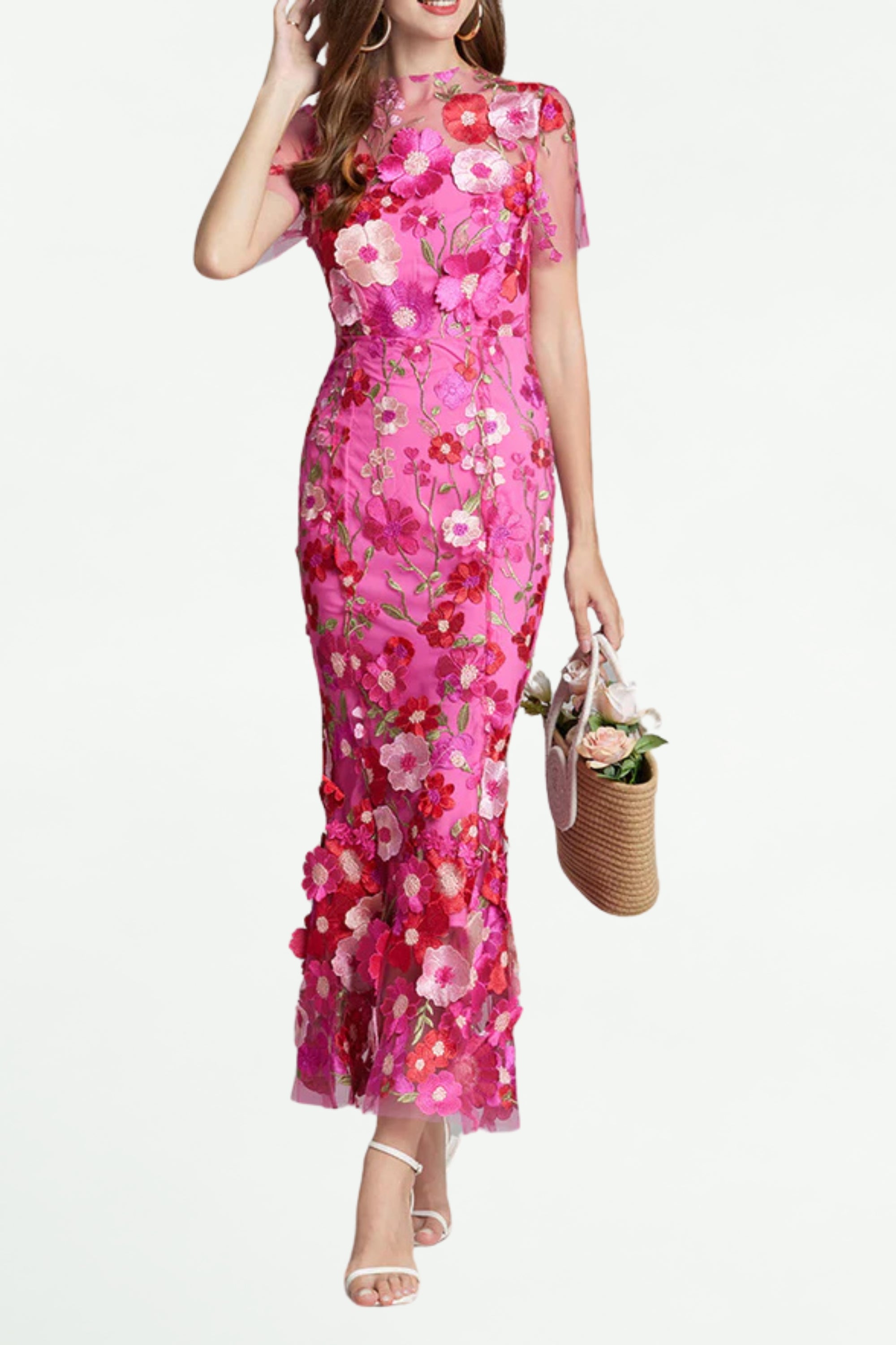 Carol Rose Red Floral Embroidered Mesh Fishtail Midi Dress - Elegant Party & Evening Wear for Women