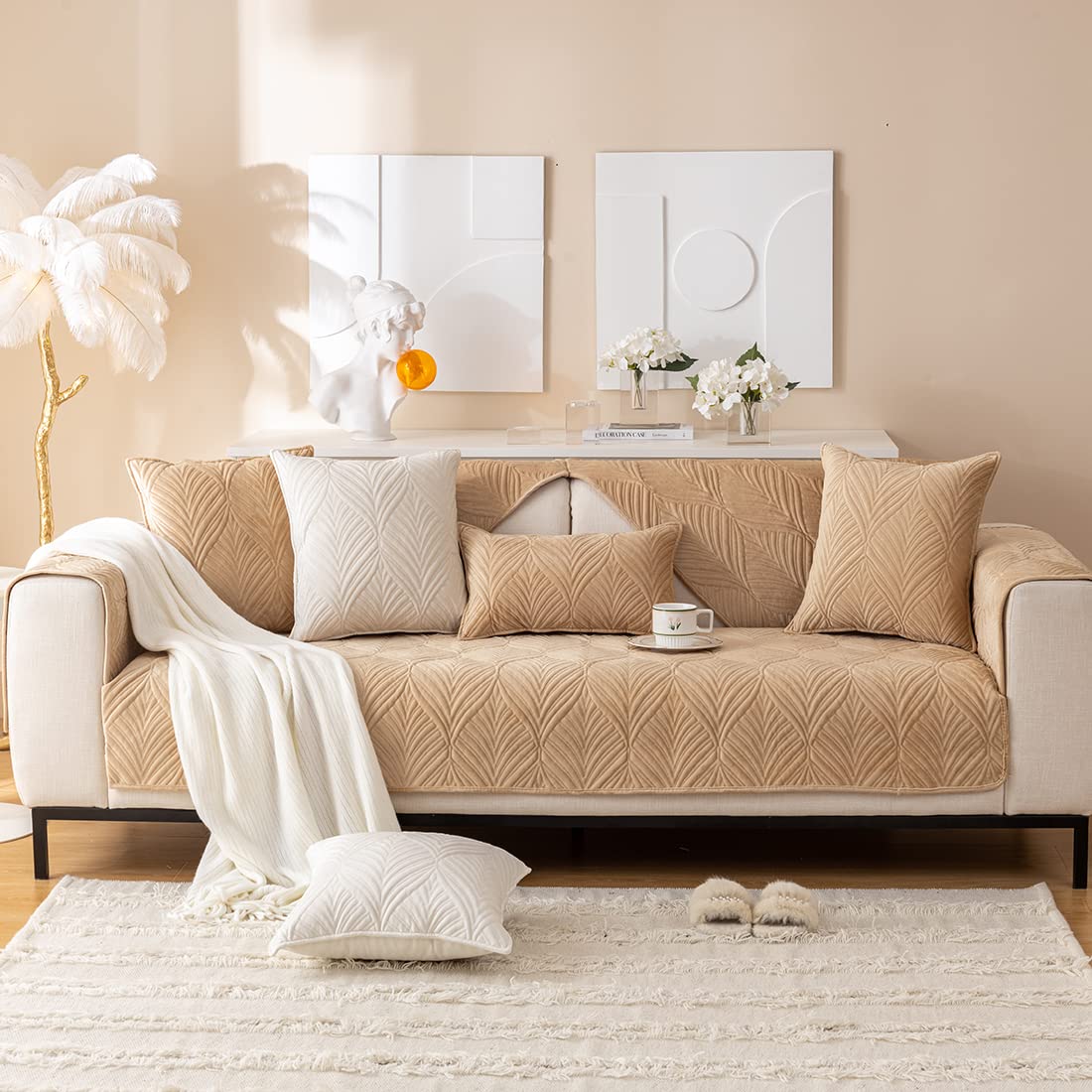 VCTOPS Super Soft Velvet Quilted Sofa Cover - Non-Slip Sectional Couch Slipcover with Leaf Pattern, Plush Furniture Protector for Pets & Kids (Camel, 43