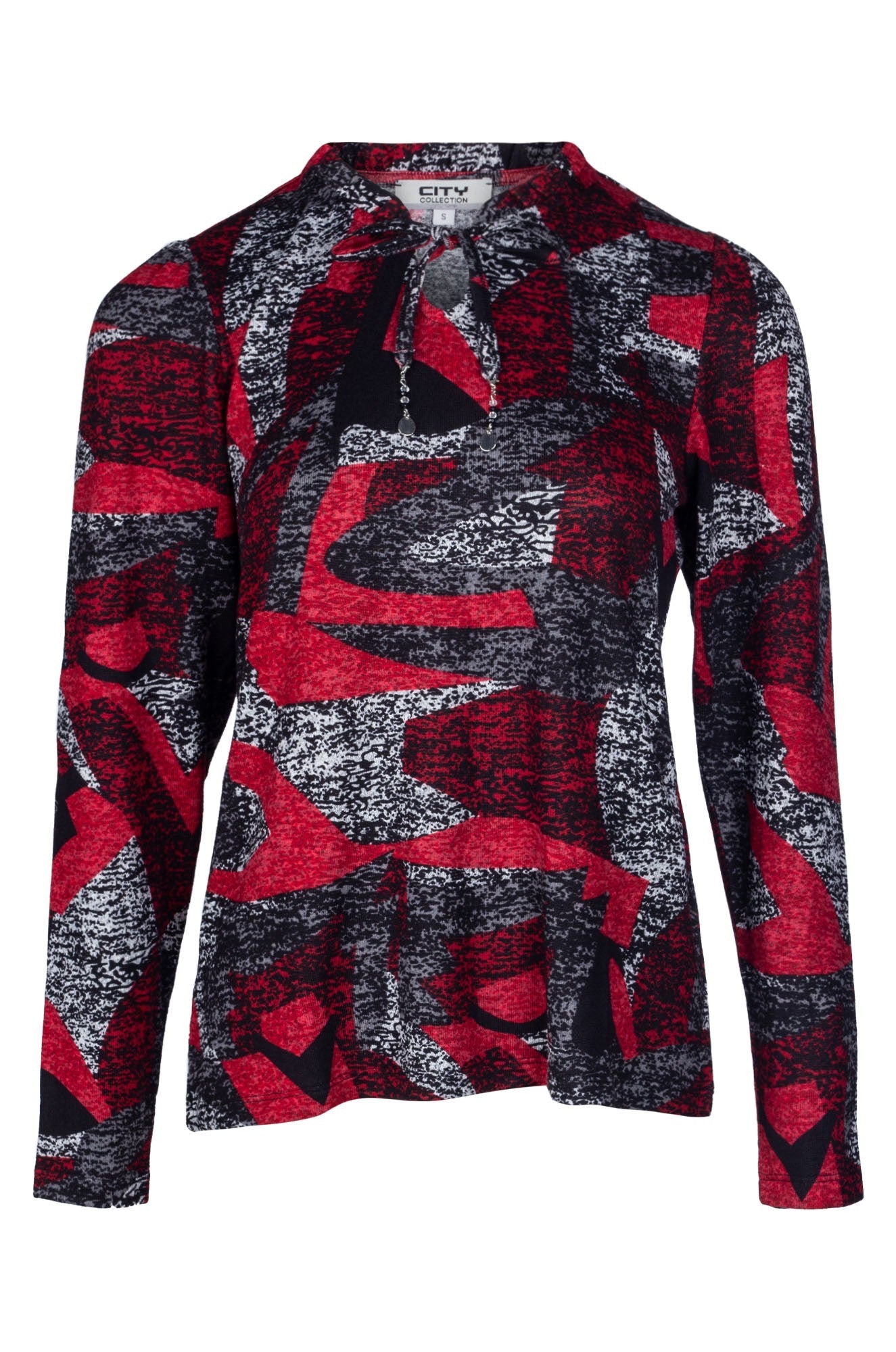 Ruffle Neck Printed Warm Touch Top - Red Black Abstract Pattern | Stylish Women's Blouse for Casual Wear, Office, and Date Nights | 7906B1