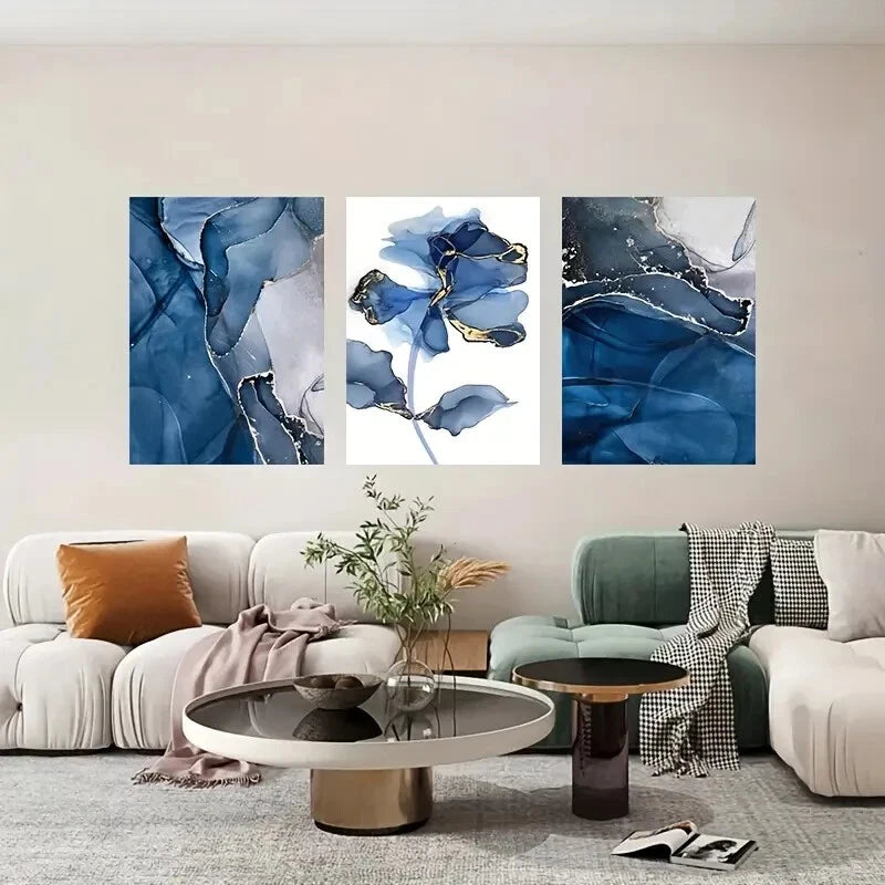 3-Piece Abstract Blue Flower & Waterfall Metal Wall Art - Ready to Hang Modern Home Decor for Living Room, Bedroom & Office