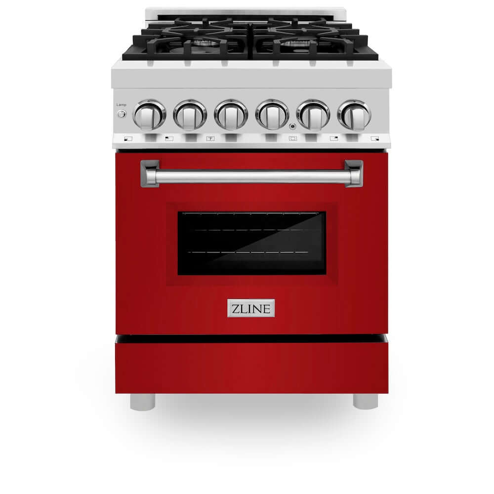 ZLINE 24 Inch 2.8 Cu. Ft. Dual Fuel Range with 4 Burner Gas Cooktop & Electric Convection Oven - Stainless Steel with Red Gloss Door (RA RG 24) | Perfect for Modern Kitchens, Home Chefs & Gourmet Cooking