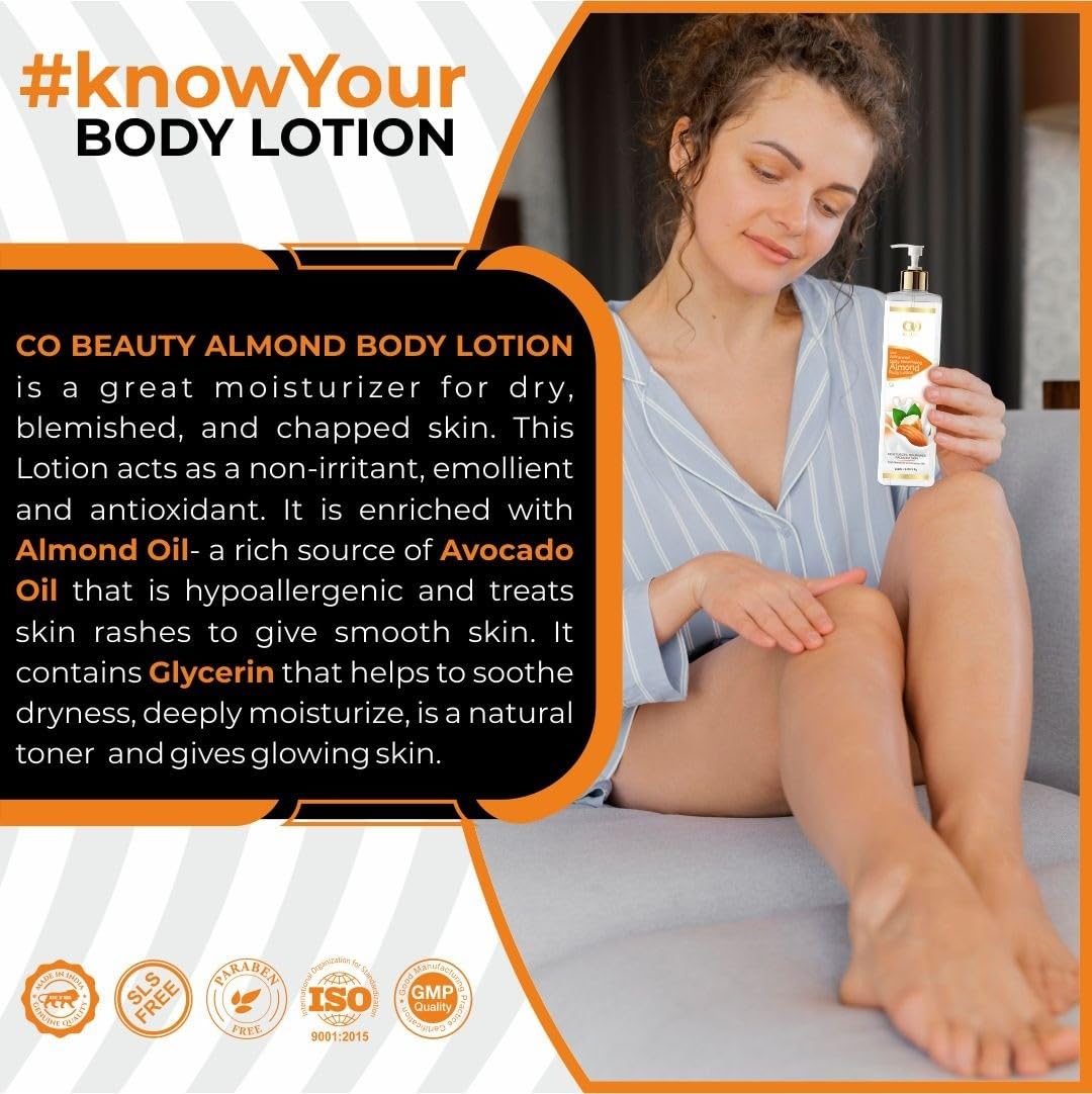 CO Beauty Deep Nourishing Almond Body Lotion - 200ml | Vitamin E Enriched Hydrating Body Cream with Avocado & Castor Oil | Non-Greasy, Paraben & SLS Free Moisturizer | Perfect for Dry Skin Care & Daily Hydration