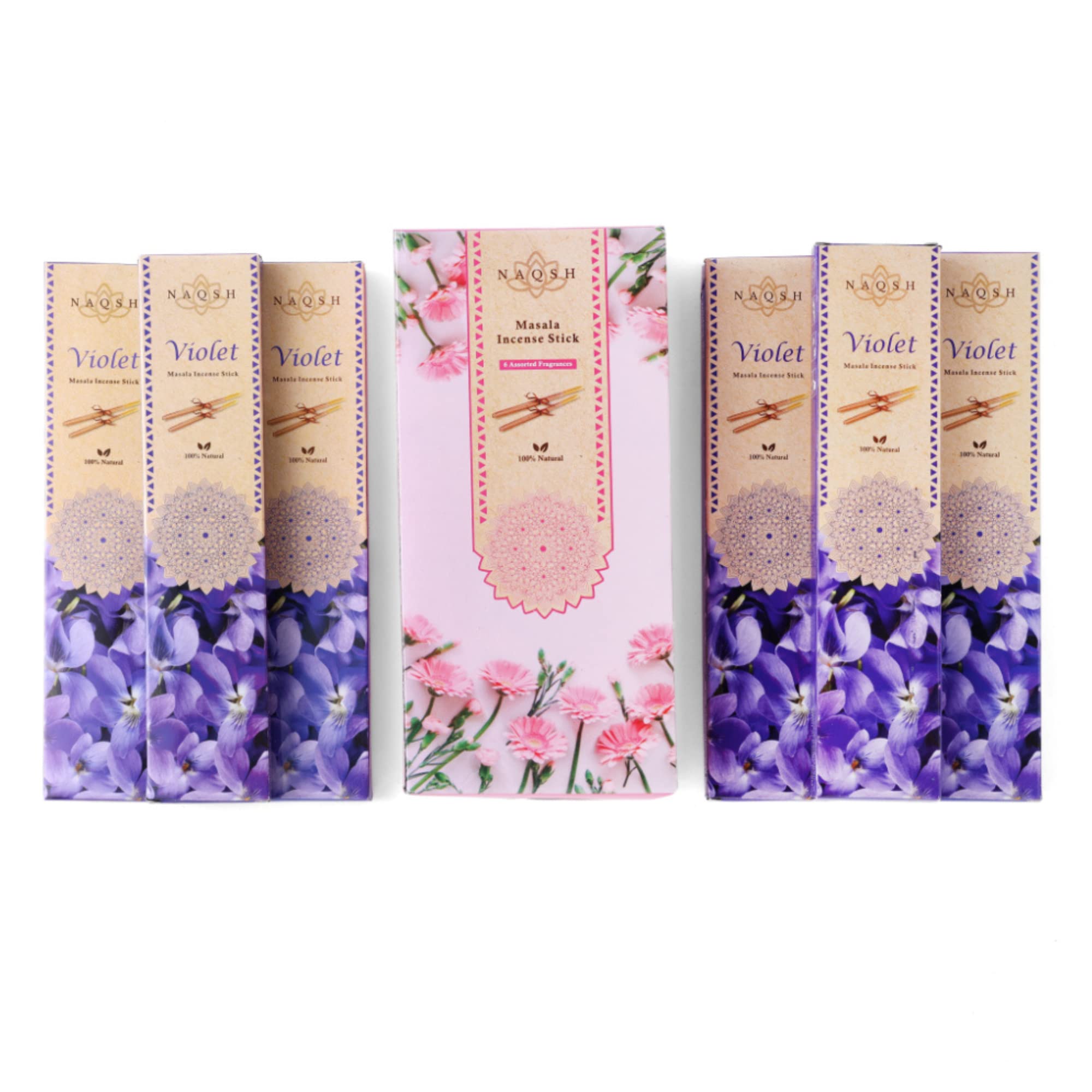 NAQSH Pure Masala Incense Sticks - 6 Pack Organic Hand-Rolled Incense with Natural Lilac, Freesia, Jasmine, Rose, Violet & Gardenia Fragrances - Includes Holder - Perfect for Meditation, Yoga, Aromatherapy & Home Relaxation (Violet Scent)