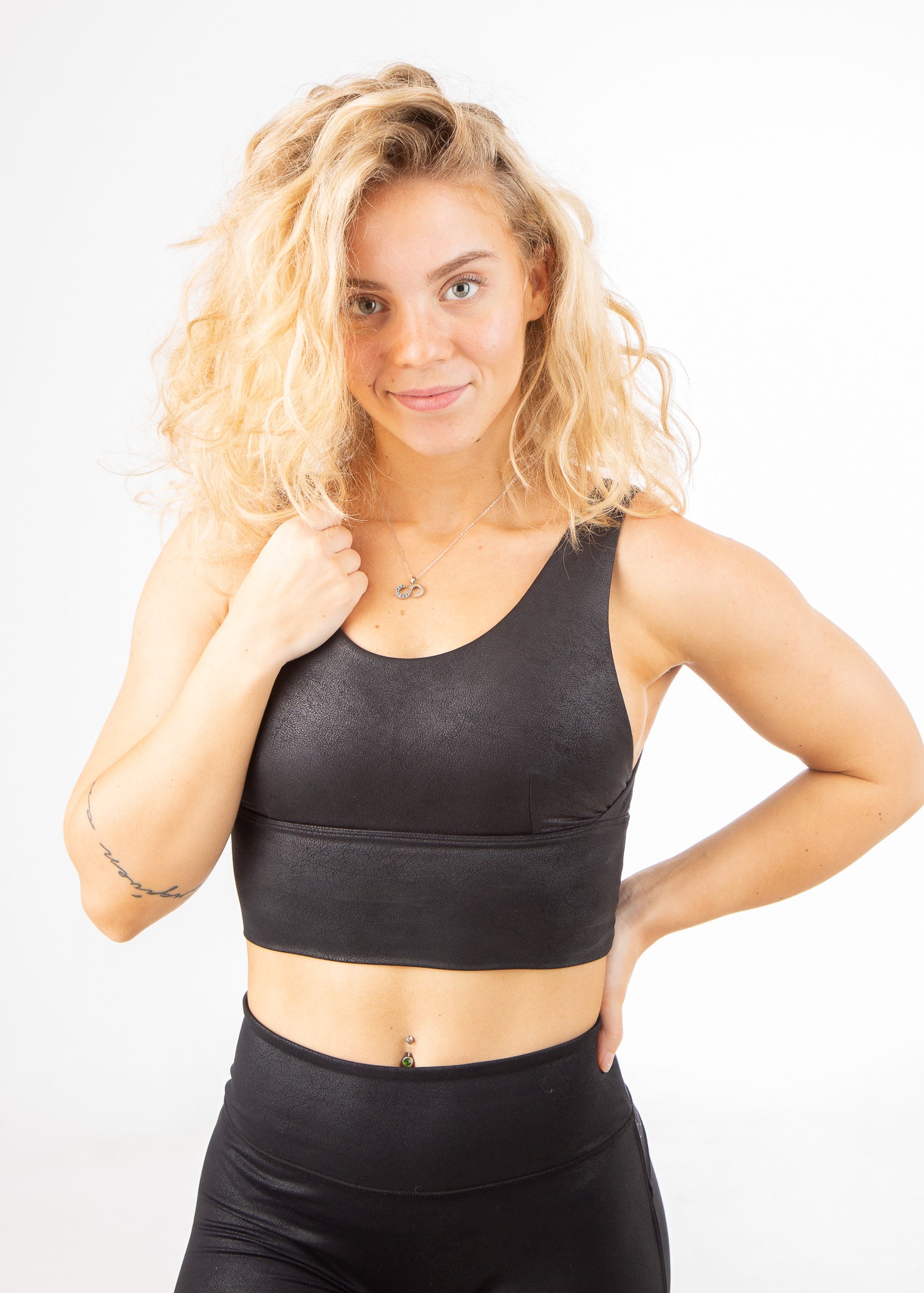 High-Performance Black Leather Sports Bra for Women - Breathable & Supportive Workout Top for Gym, Running, Yoga & Fitness