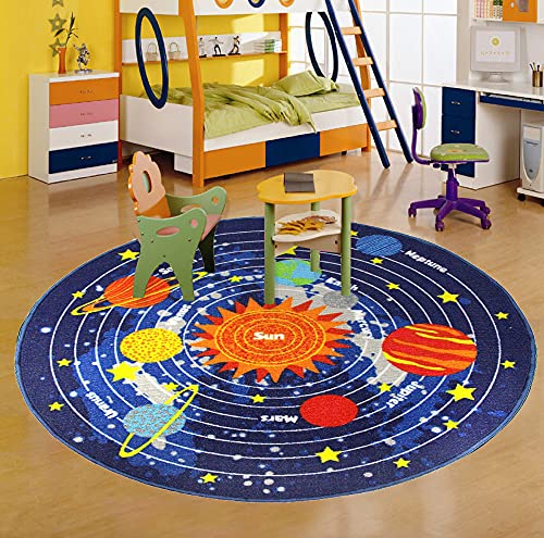 Blue Solar System Kids Area Rug - Educational Learning Carpet for Playroom & Nursery - 79