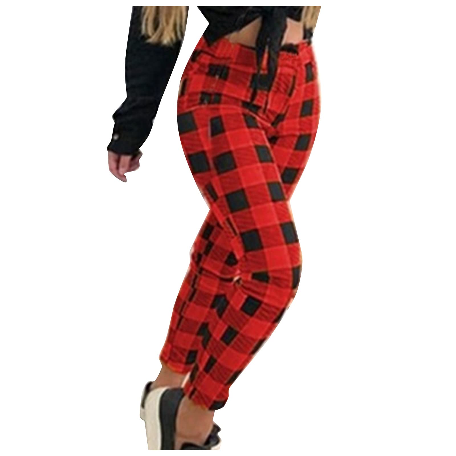 Stylish Women's Plaid High Waist Skinny Leggings - Stretchy Elastic Casual Work Pants with Pockets | Perfect for Office, Travel & Everyday Wear