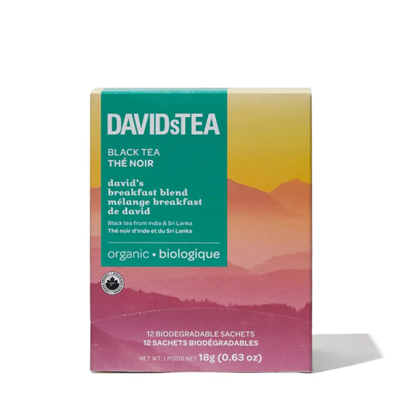 Organic Breakfast Blend Tea Bags by David's Tea | 12 Pack | Caffeinated Black Tea for Morning Energy & Focus | Perfect for Home, Office, or Travel