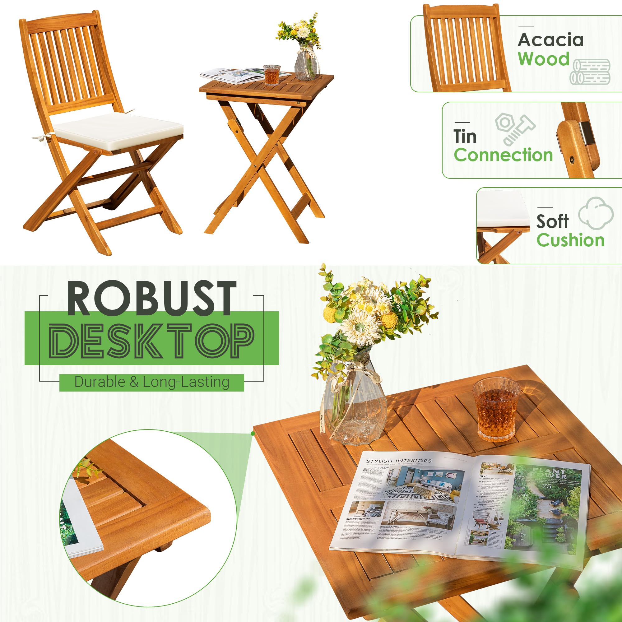 Greesum 3-Piece Acacia Wood Patio Bistro Set with 2 Cushions - Foldable Outdoor Furniture for Poolside, Beach, Backyard, Balcony, Porch & Garden - Perfect for Relaxing & Entertaining Guests Al Fresco