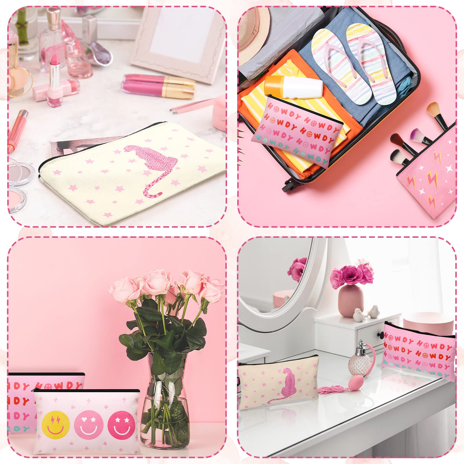 12 Pack Pink Preppy Makeup Bags | Cute Smile Leopard Toiletry Pouches | Travel Cosmetic Organizer for Women | Perfect Spring Gift & Travel Accessories | Great for College, Gym & Vacation Essentials