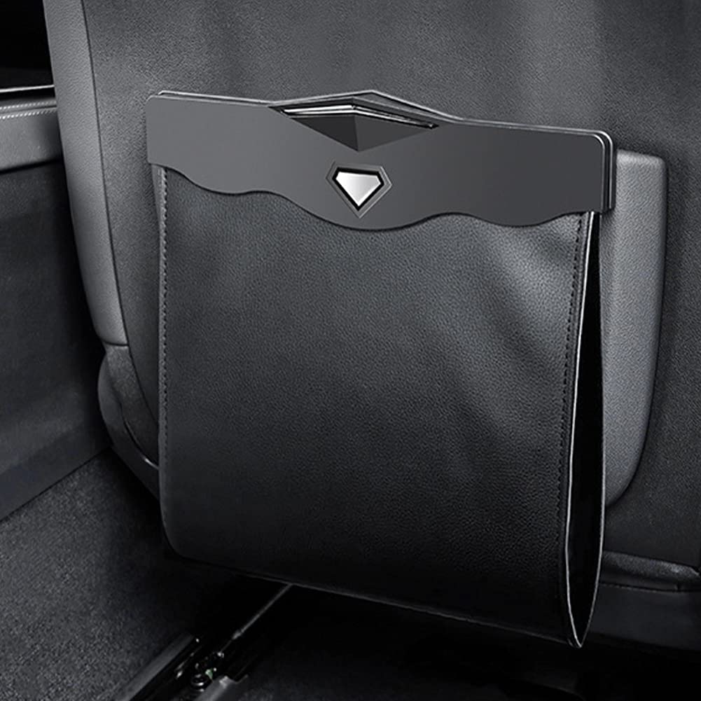 DesirePath Smart LED Car Trash Can - Waterproof Leak-Proof Reusable Garbage Bag with Artificial Leather Storage Pocket for Car, Office & Travel - Portable Vehicle Trash Bin (Black) - Perfect for Road Trips, Commuting & Workspace Organization