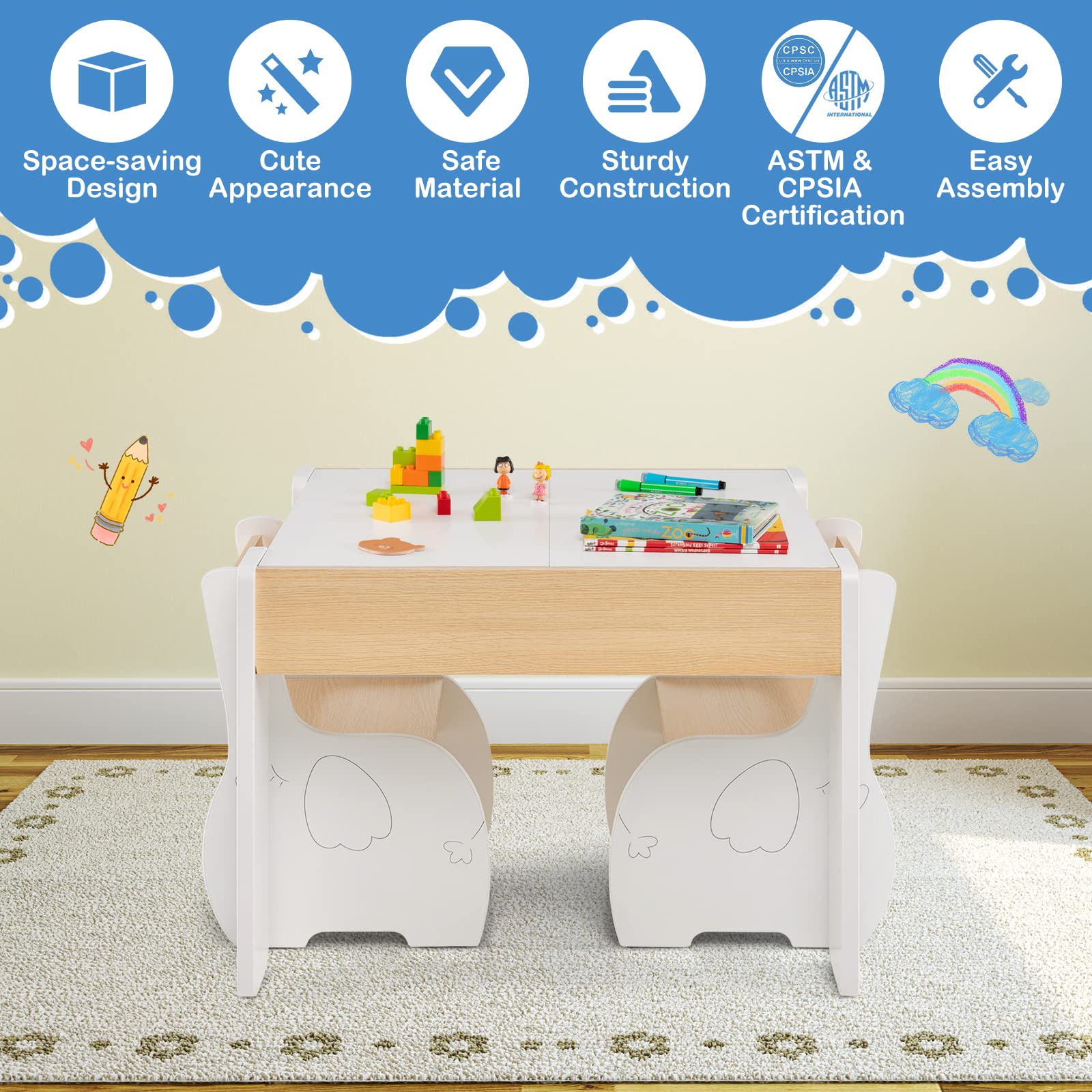 HONEY JOY 4-in-1 Kids Wooden Table and Chair Set with Storage - 2 Chairs, Reversible Blackboard & Activity Table for Art, Crafts, Learning - Toddler Furniture Gift for Boys & Girls (White) - Perfect for Playrooms, Preschools & Home Learning Spaces