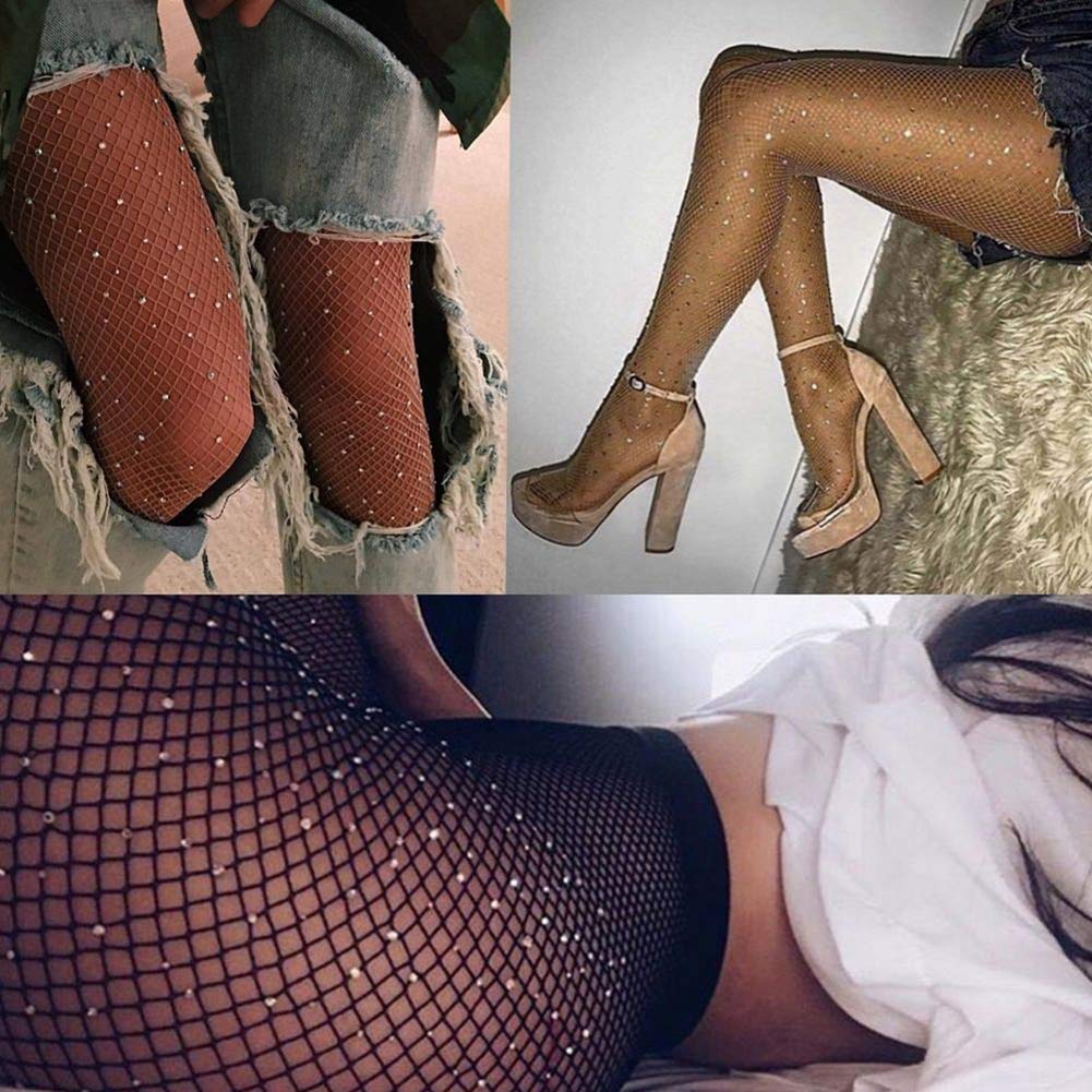 Sexy Rhinestone Fishnet Stockings for Women - High Waist Elastic Pantyhose Tights (Black/Beige/White Diamond) - Perfect for Cosplay, Night Out & Lingerie Fashion