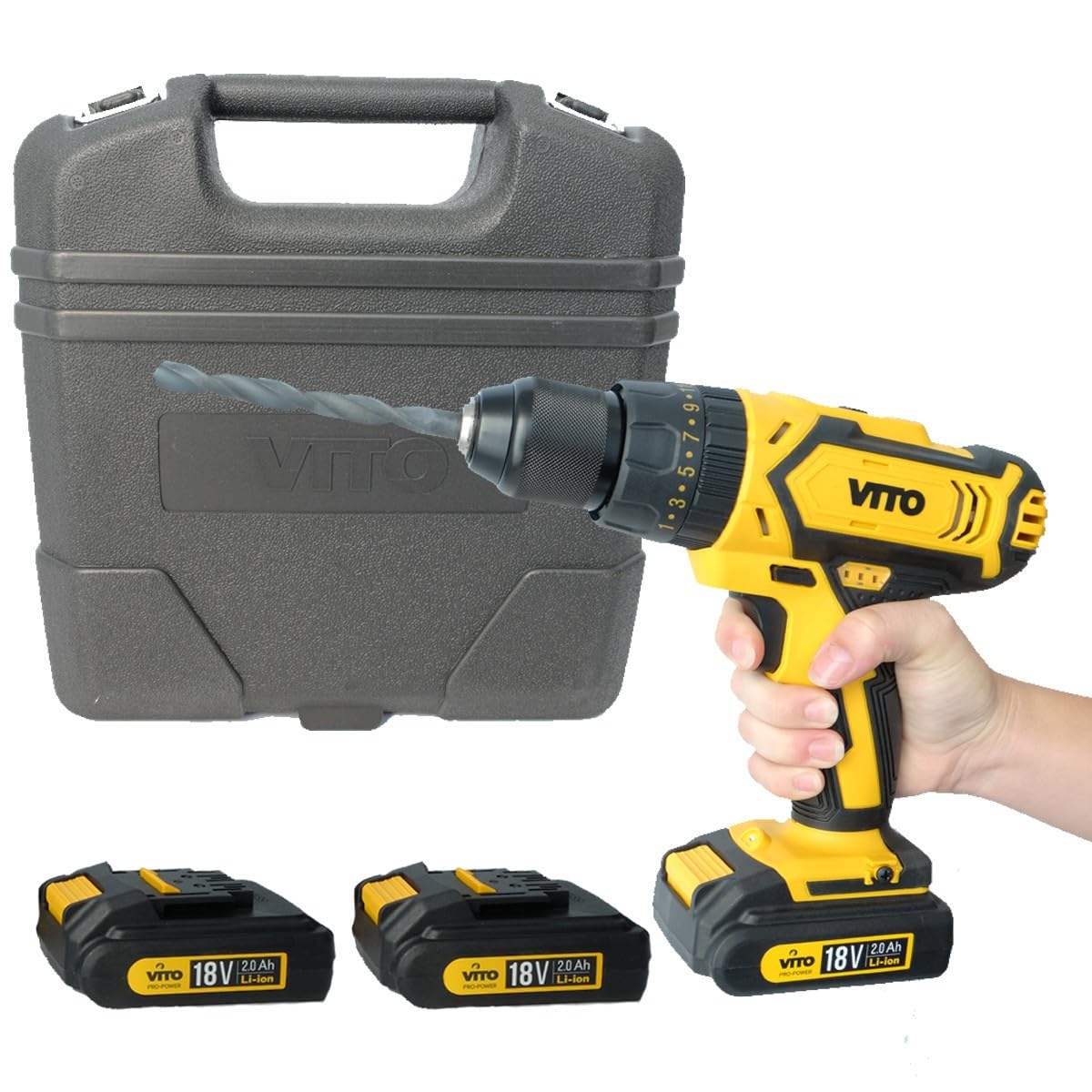 Max Drill 18V Cordless Drill Driver - Vito Pro-Power Electric Screwdriver with Lithium Battery for Home DIY, Woodworking & Construction Projects