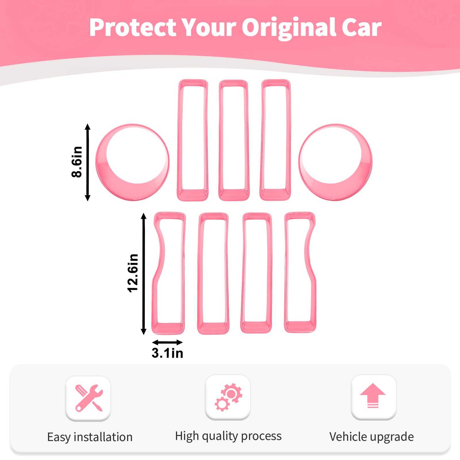 RT-TCZ Pink Mesh Front Grille Insert & Headlight Cover Trim Kit for Jeep Wrangler JL/JLU (2018-2022) - 9-Piece Exterior Accessories Set for Off-Road Protection & Style Enhancement