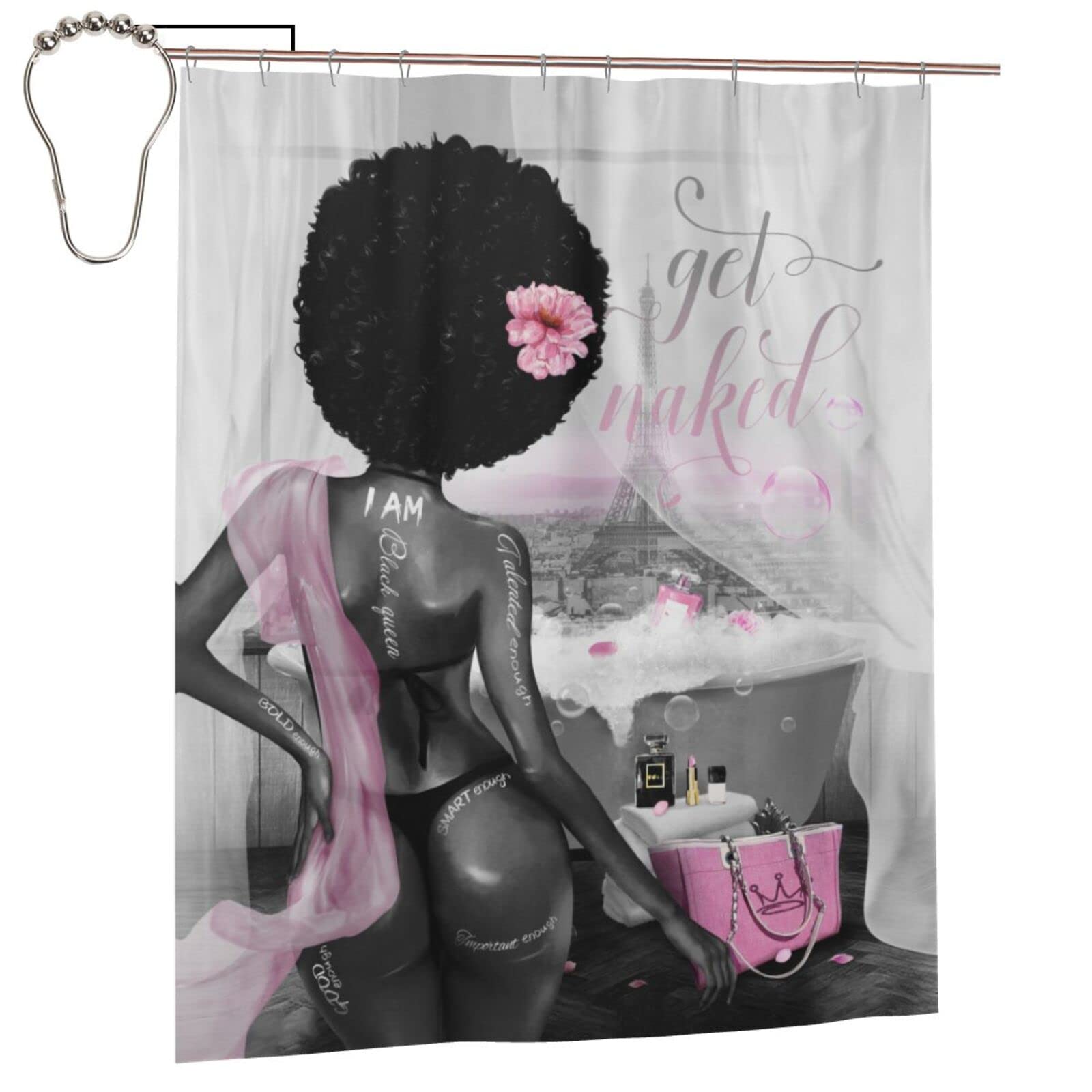 African American Shower Curtain - Grey Background with Black Girl Silhouette | Waterproof Bathroom Curtain 60x72 Inch with Hooks | Perfect for Modern Bathrooms & Teen Girls' Showers