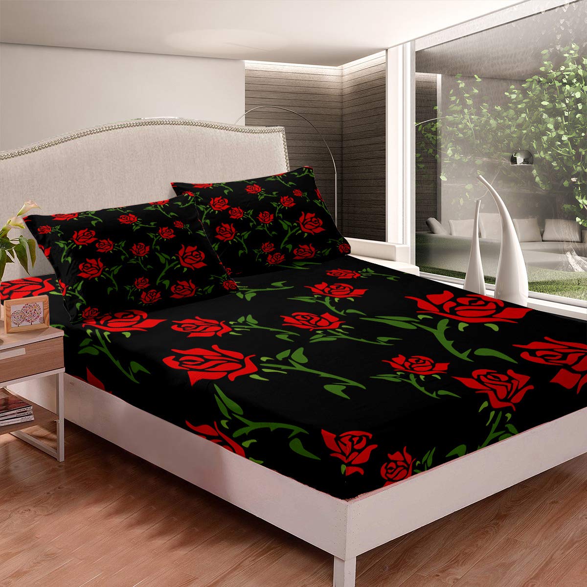 Softest Microfiber Rose Flower Printed Queen Bedding Set - 3 Piece Bloom Design Black Bedspread with Deep Pocket Fitted Sheet | Perfect for Master Bedroom, Guest Room & Cozy Home Decor