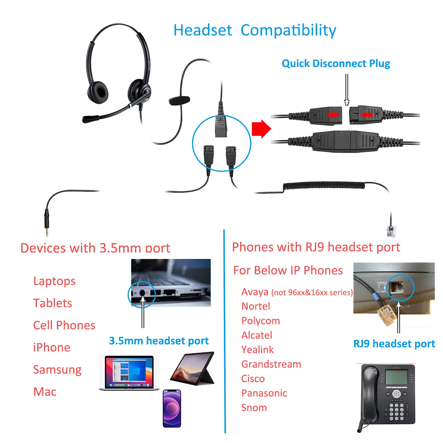 MAIRDI Noise Canceling Telephone Headset with RJ9 Jack & 3.5mm Connector - Compatible with Landline Phones, Cell Phones, PCs & Laptops - Ideal for Call Centers, Office Work & Remote Communication