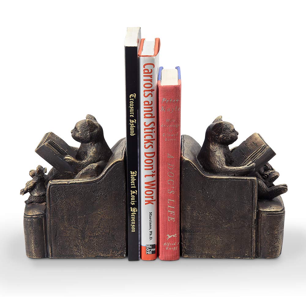 SPI Reading Friends Cat & Mouse Bookends Set - Cute Animal Bookends for Bookshelves, Perfect for Home Office Decor and Book Lovers Gift