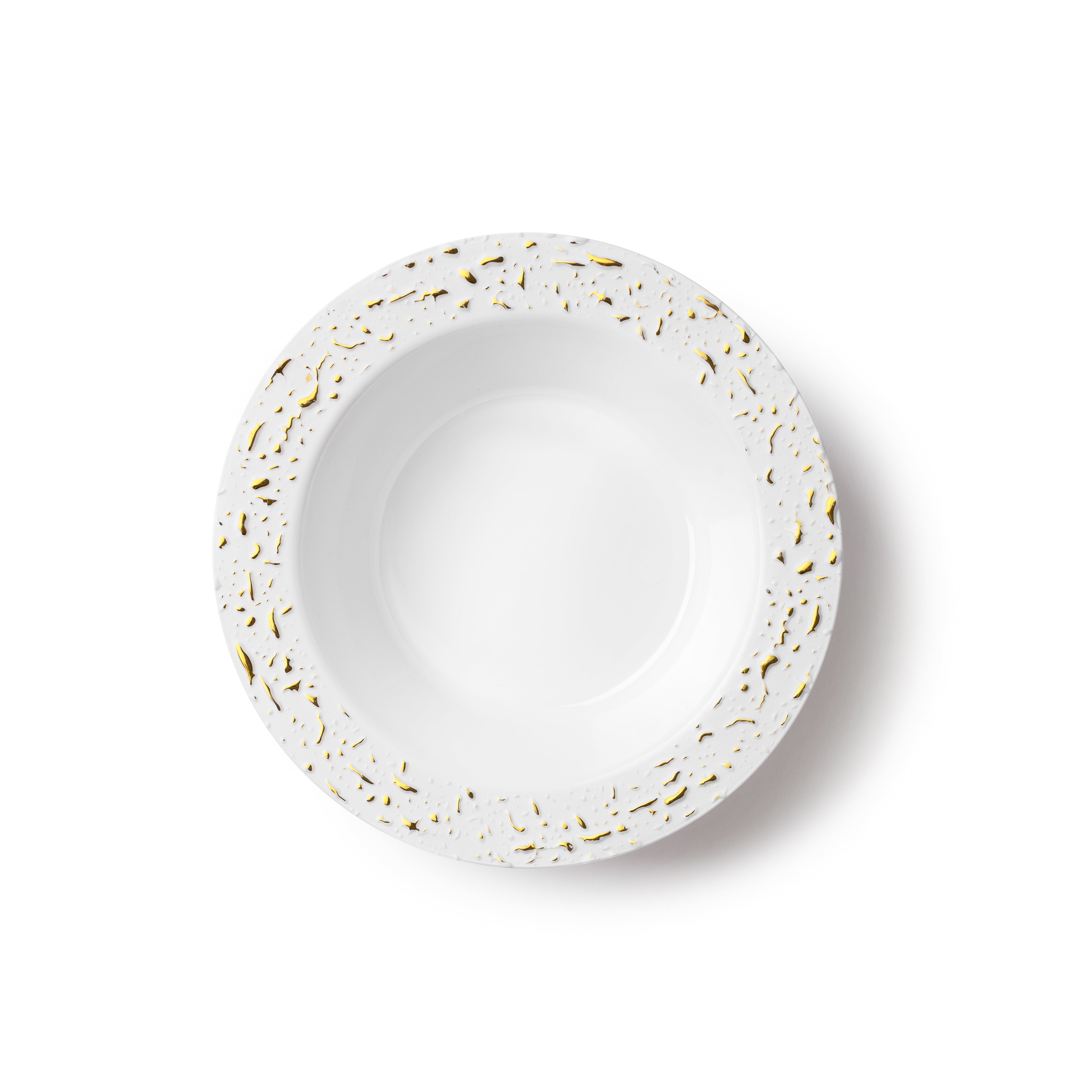 32 Pack White and Gold Round Plastic Soup and Dessert Plates Set for 16 Guests - Elegant Pebbled Design - Perfect for Parties, Weddings, and Special Events