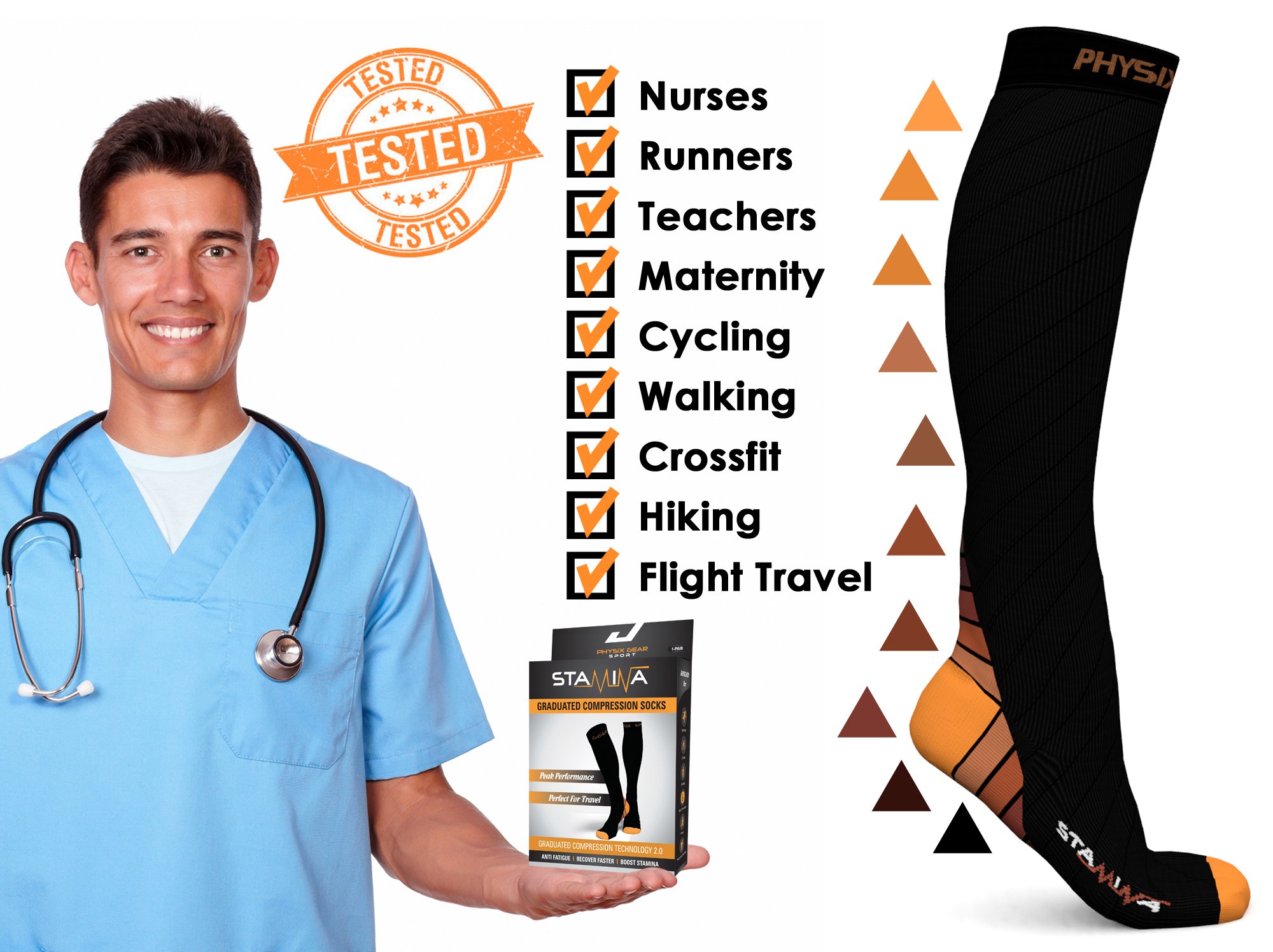 Physix Gear 20-30 mmHg Graduated Compression Socks for Men & Women - Medical Grade Support for Running, Travel & Circulation - Breathable Cotton Blend (Black/Orange, L/XL) - Perfect for Athletes, Nurses & Frequent Flyers