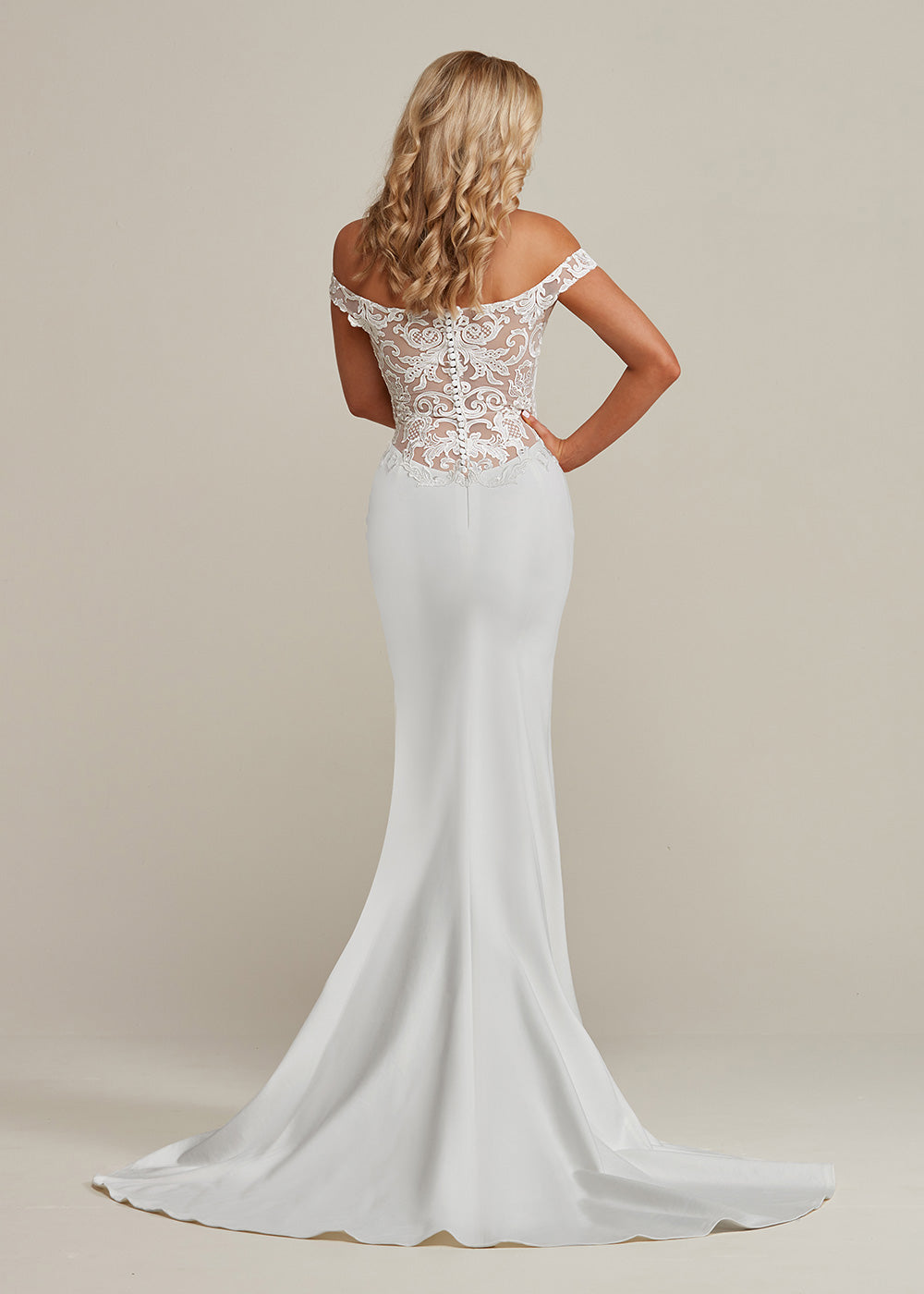 Ember Off The Shoulder Lace Wedding Dress with Button Up Back - Elegant Bridal Gown for Beach, Church and Outdoor Ceremonies