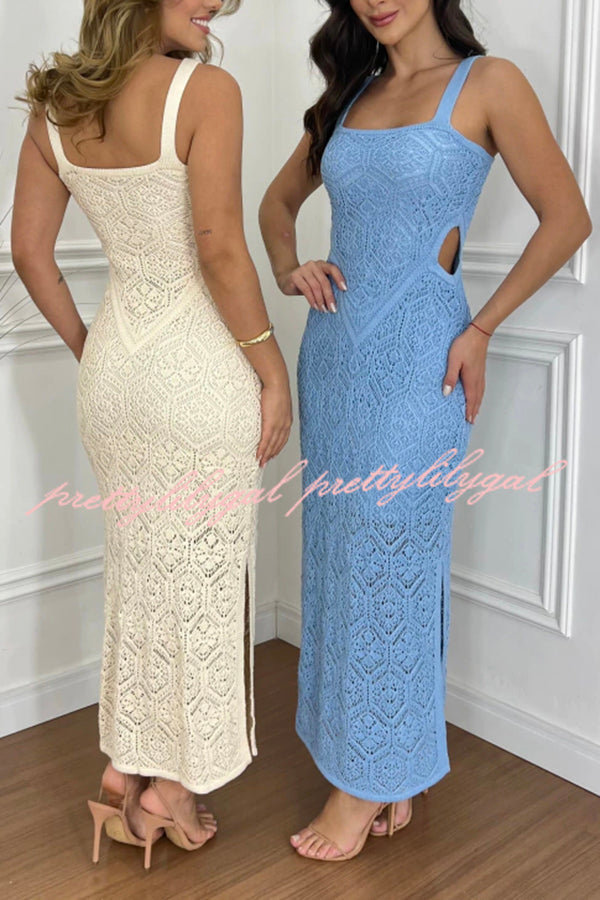 Zafina Women's Crochet Knit Cutout Waist Textured Slit Stretch Maxi Dress - Elegant Boho Summer Beach Party & Wedding Guest Outfit