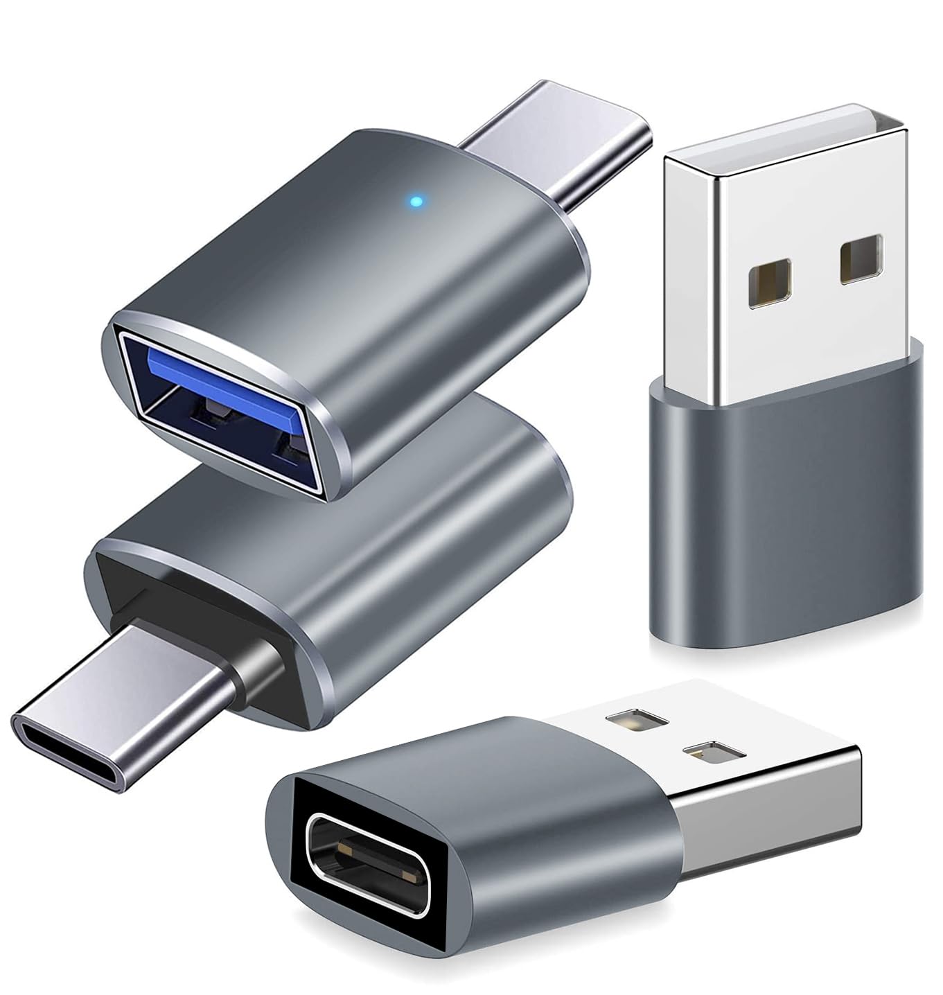 4-Pack USB C to USB 3.0 Adapter - Type C Male to USB Female & USB C Female to USB Male OTG Converter - Compatible with MacBook, Dell, HP Laptops, Projectors, Chargers - Gray - Perfect for Office, Travel & Home Use
