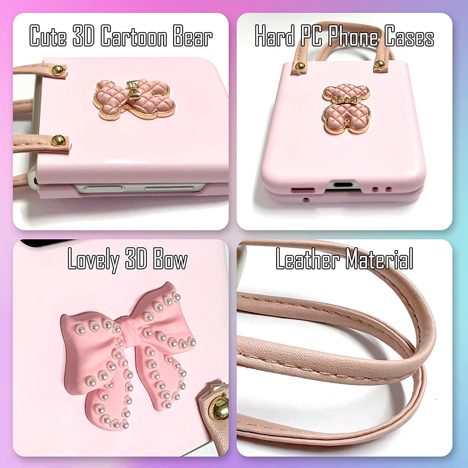 Cute 3D Bear Galaxy Z Flip 4 Case with Strap Bracelet - Purple Protective Cover for Samsung Z Flip 4 - Perfect for Daily Use, Travel & Fashion Accessories