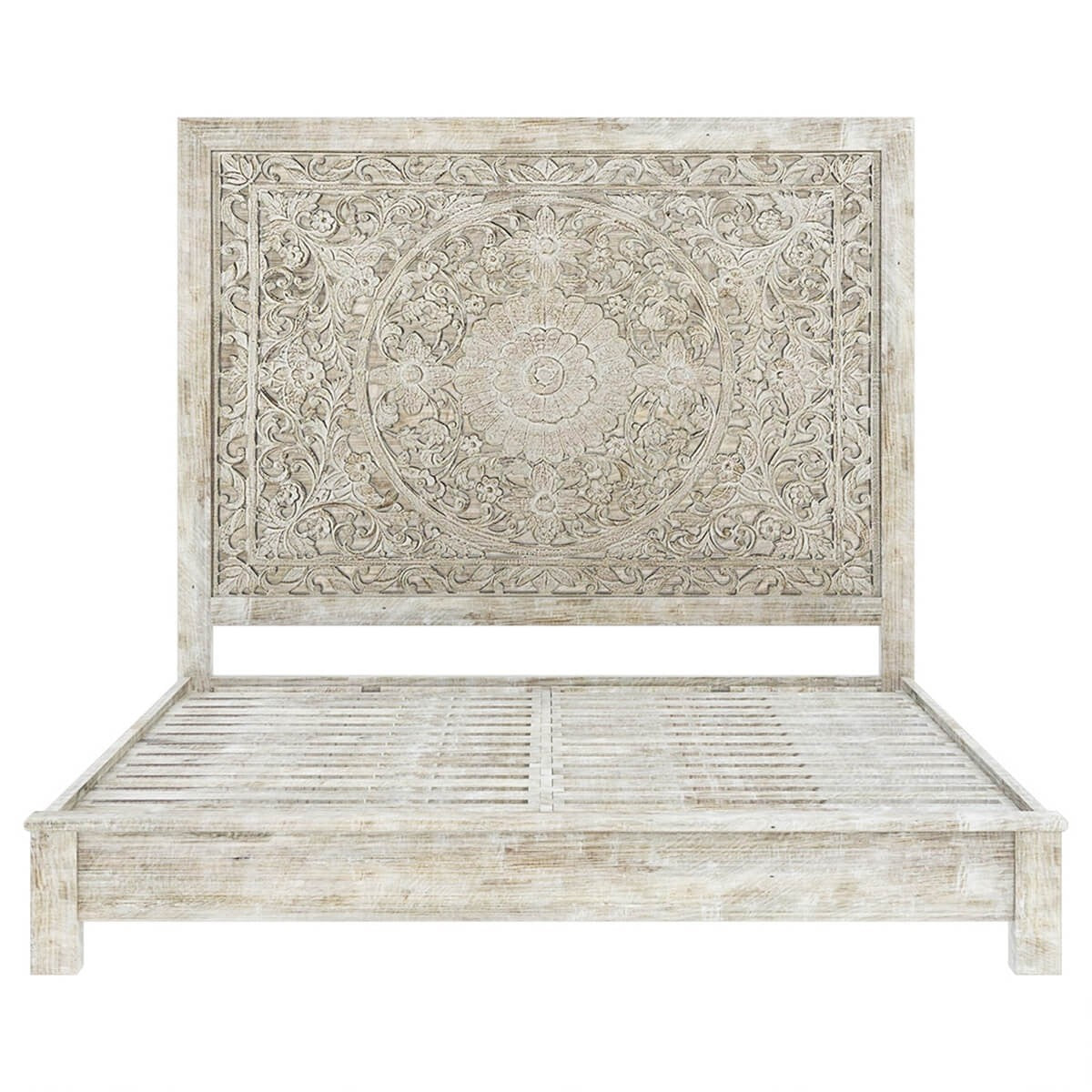 Hand Carved Indian Solid Wood Platform Bed with Moroccan Style Headboard - Elegant & Durable Bed Frame for Master Bedroom, Guest Room, or Boho Chic Home Decor