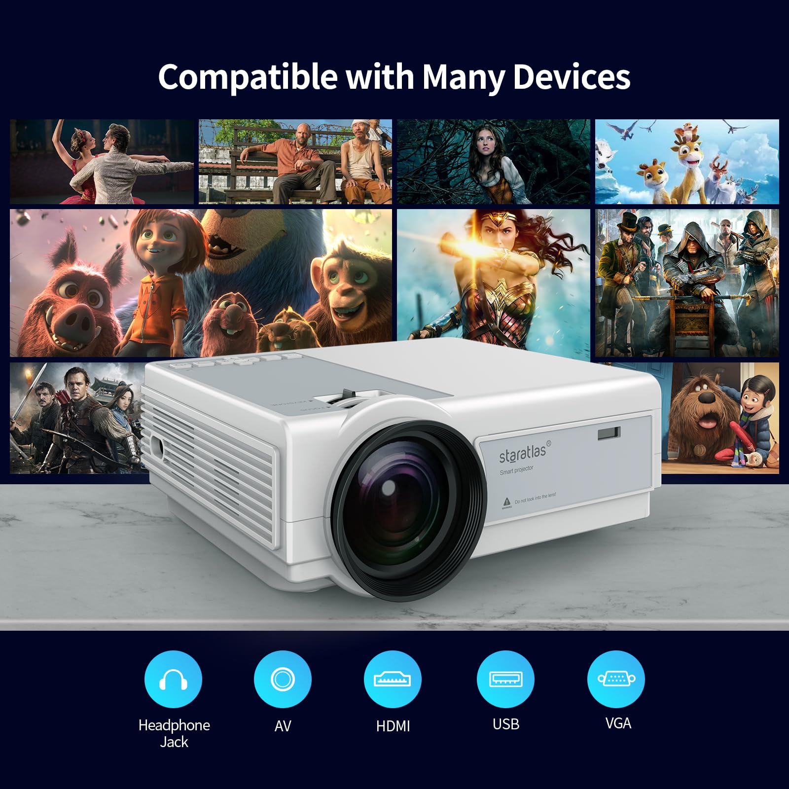 Staratlas 5G WiFi Bluetooth Projector - Native 1080P 12000L 4K Supported Mini Portable Outdoor Movie Projector for Home Theater, Compatible with HDMI/USB/PC/TV Box/iOS/Android - Perfect for Backyard Movie Nights, Gaming, and Presentations
