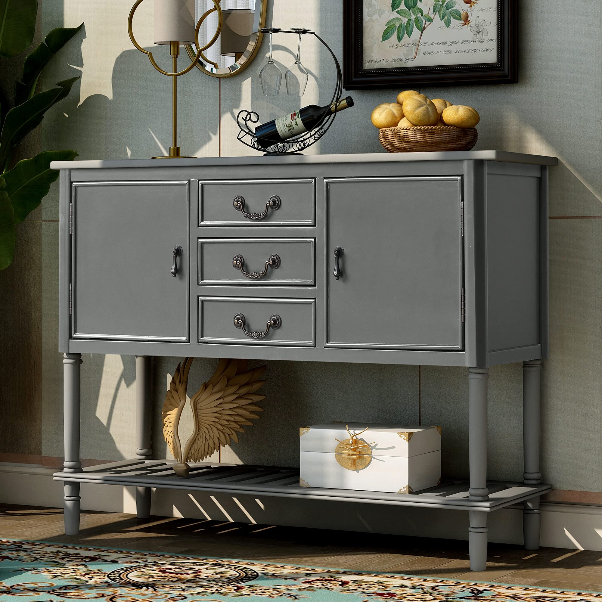 NORAN 45 Inch Modern Console Table with 3 Drawers, 2 Cabinets & 1 Shelf - Sofa Table for Living Room, Entryway or Hallway - Greige Finish for Contemporary Home Decor