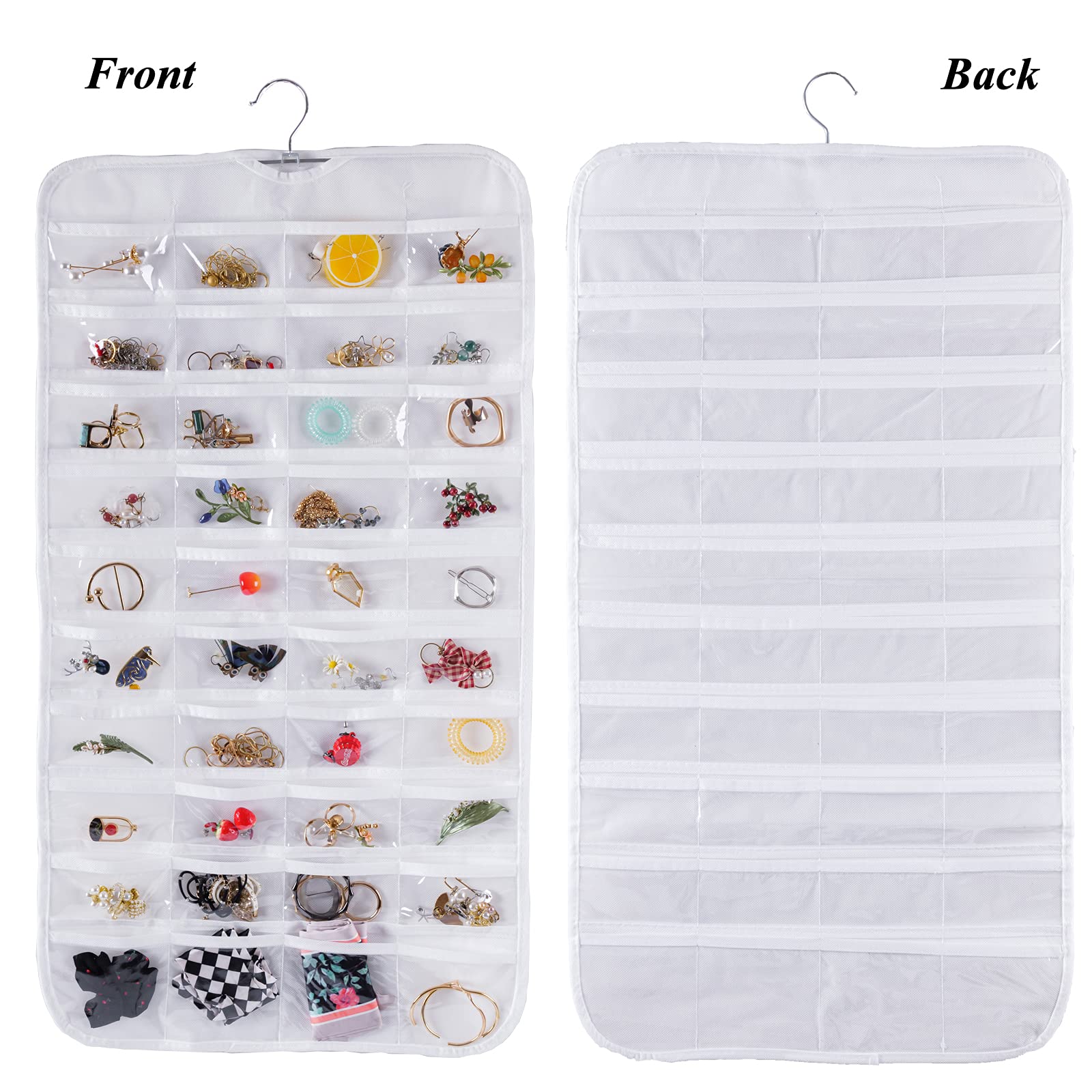 Double Sided 80 Pocket Jewelry Organizer - Bloss Hanging Jewelry Storage Bag with 2 Fabric Layers for Necklaces, Bracelets, Earrings & Rings | Perfect for Travel, Home Closet & Craft Room Organization (Black/White)