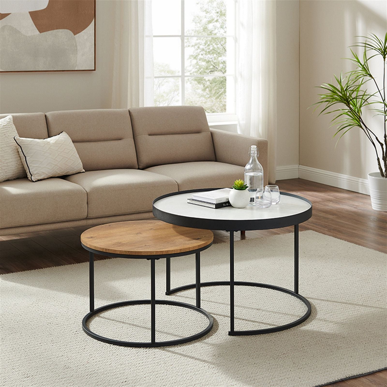 Criterion Nested Coffee Table Set - White Marble & English Oak Wood - Modern Living Room Furniture for Small Spaces & Home Decor