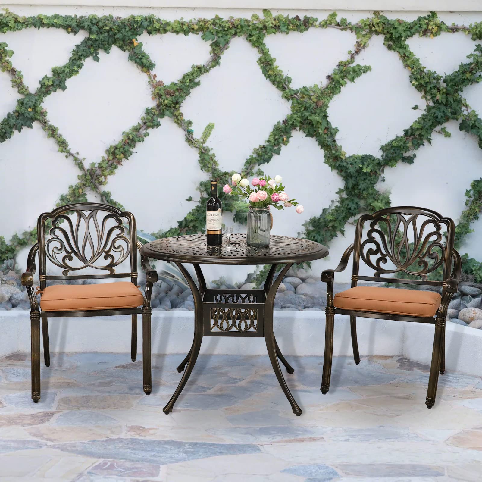 VIVIJASON 3-Piece All-Weather Cast Aluminum Outdoor Bistro Set with 2 Cushioned Chairs & 35.4