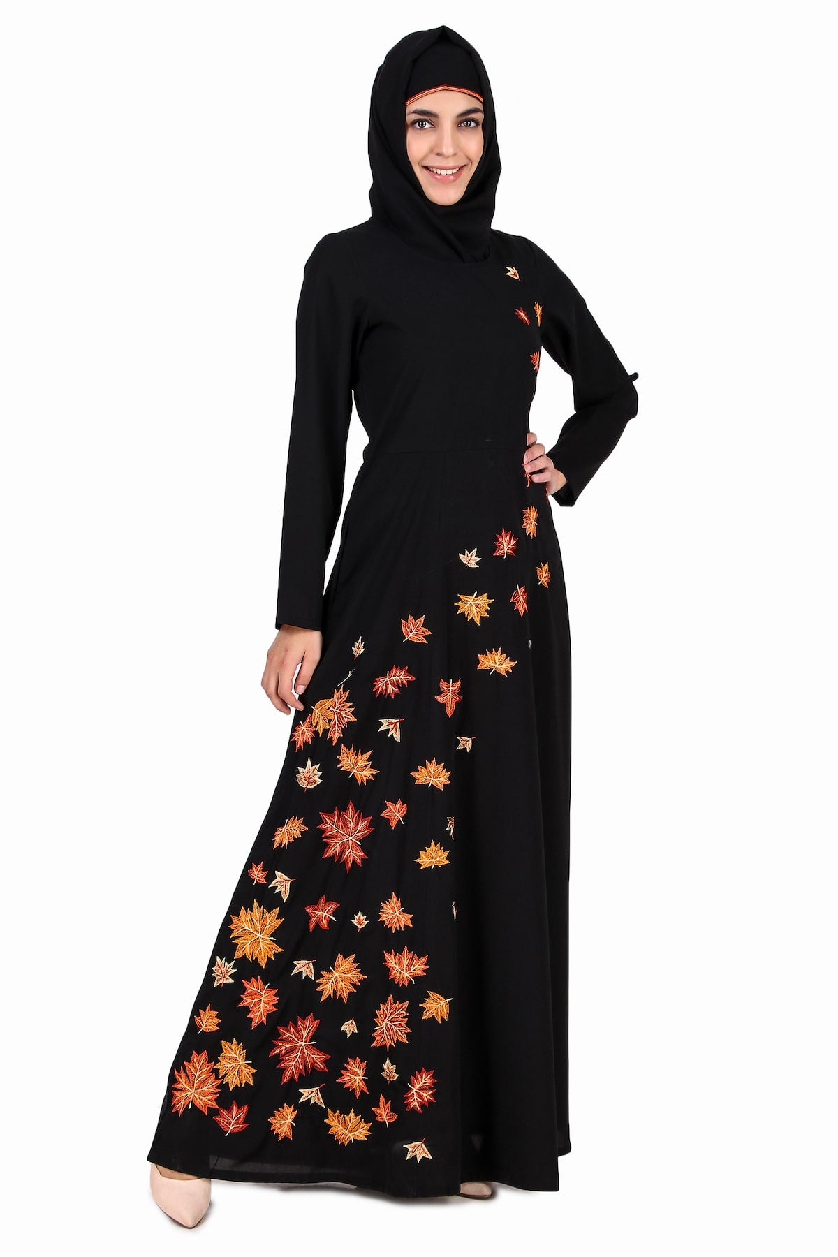 Elegant Falling Leaf Embroidery Flared Abaya Dress - Muslim Women's Long Sleeve Maxi Dress for Prayer, Mosque & Special Occasions