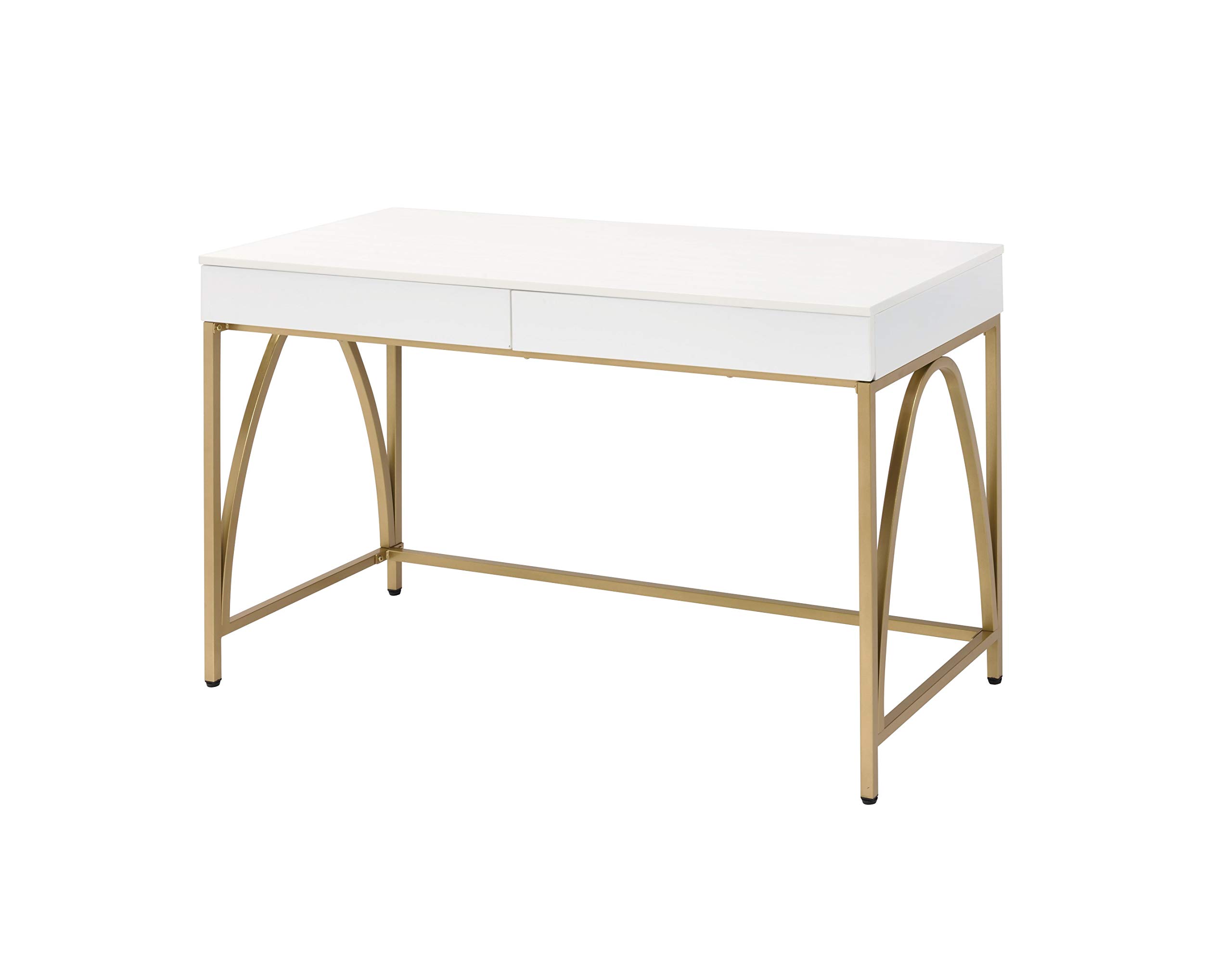 Benjara White and Gold Rectangular Wooden Desk with 2 Drawers & Metal Legs - Modern Home Office & Study Writing Table for Small Spaces
