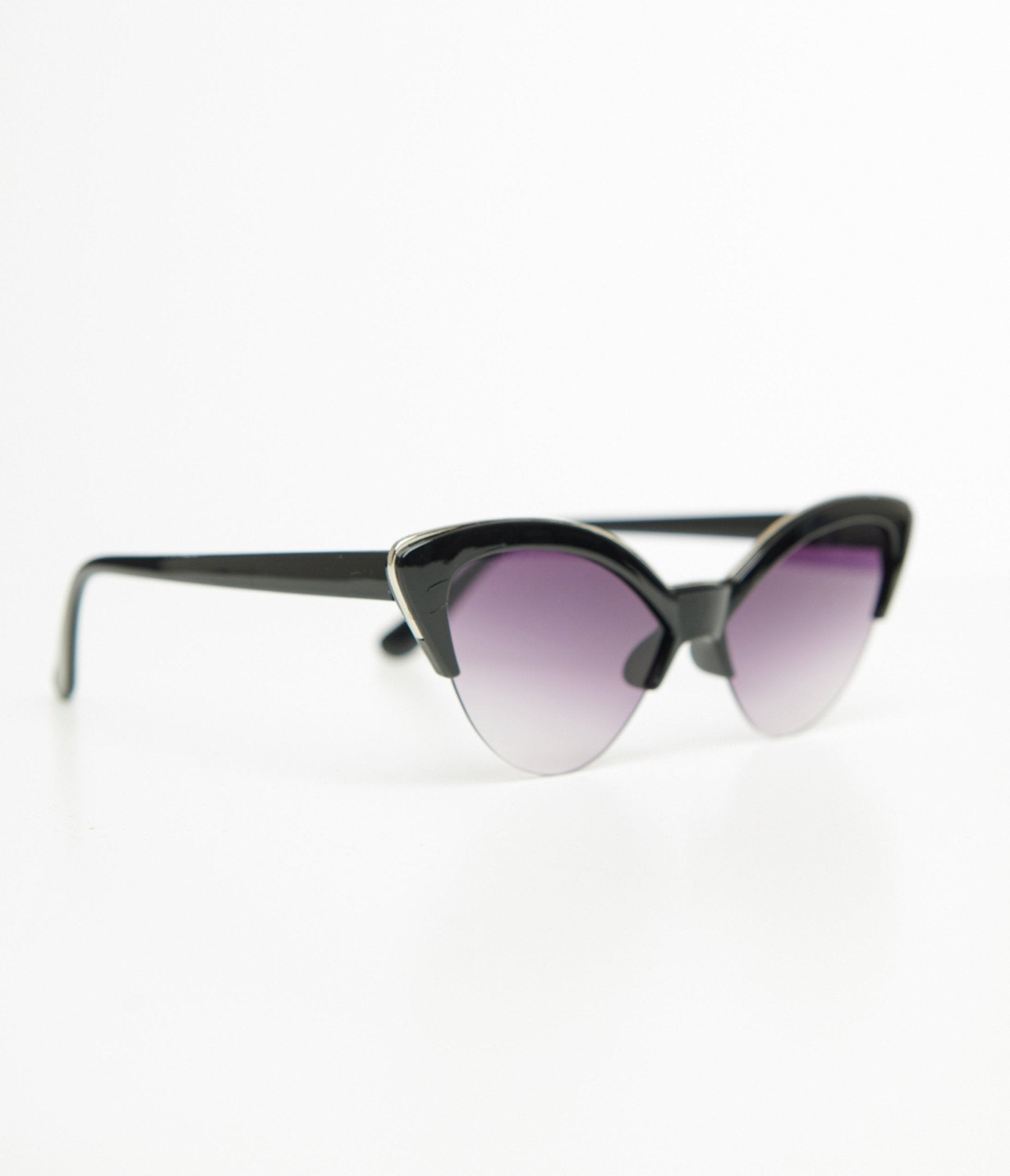 Vintage Black & Silver Half Rim Cat Eye Sunglasses for Women - Retro Fashion Sunglasses for Outdoor, Beach & Driving - UV Protection & Stylish Accessory