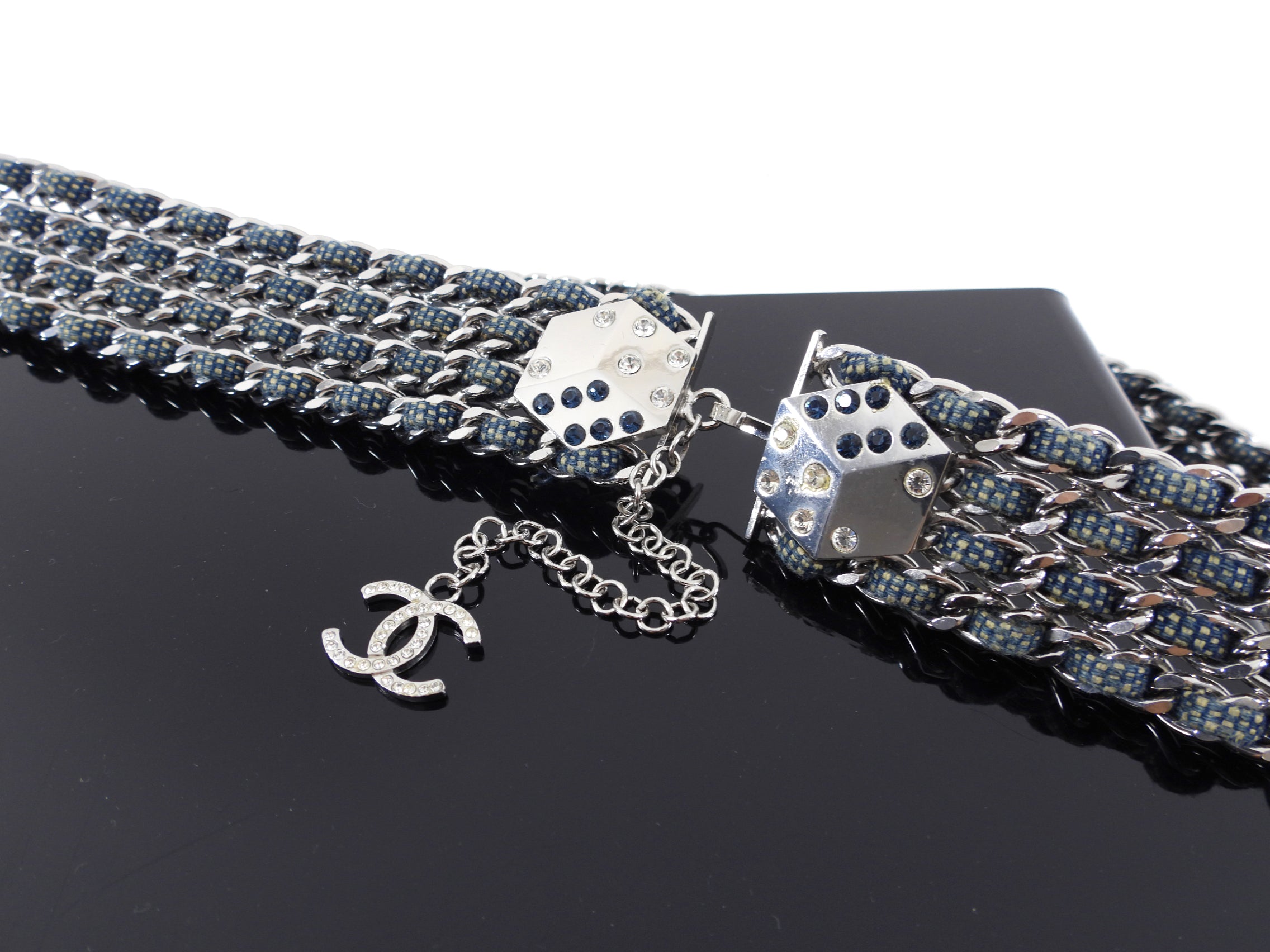 Chanel 01P Blue Denim and Silver Chain Dice Gamble Belt - Luxury Designer Waist Belt for Women - Perfect for Jeans, Dresses and Night Out Fashion Accessories