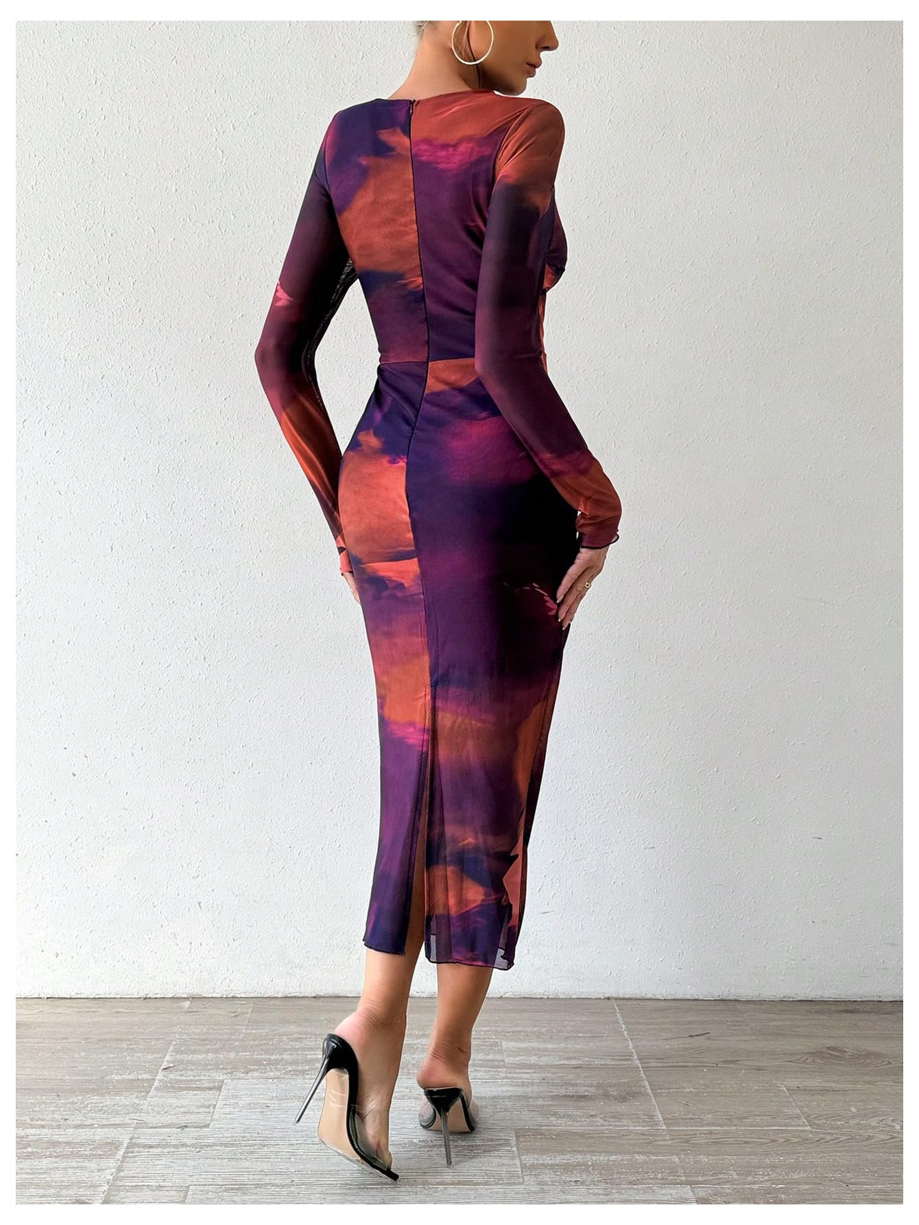 GORGLITTER Women's Ruched Tie Dye Bodycon Dress - Long Sleeve Mock Neck Midi Dress for Party, Club & Evening Wear | Sexy Stretchy Mesh Cocktail Dress