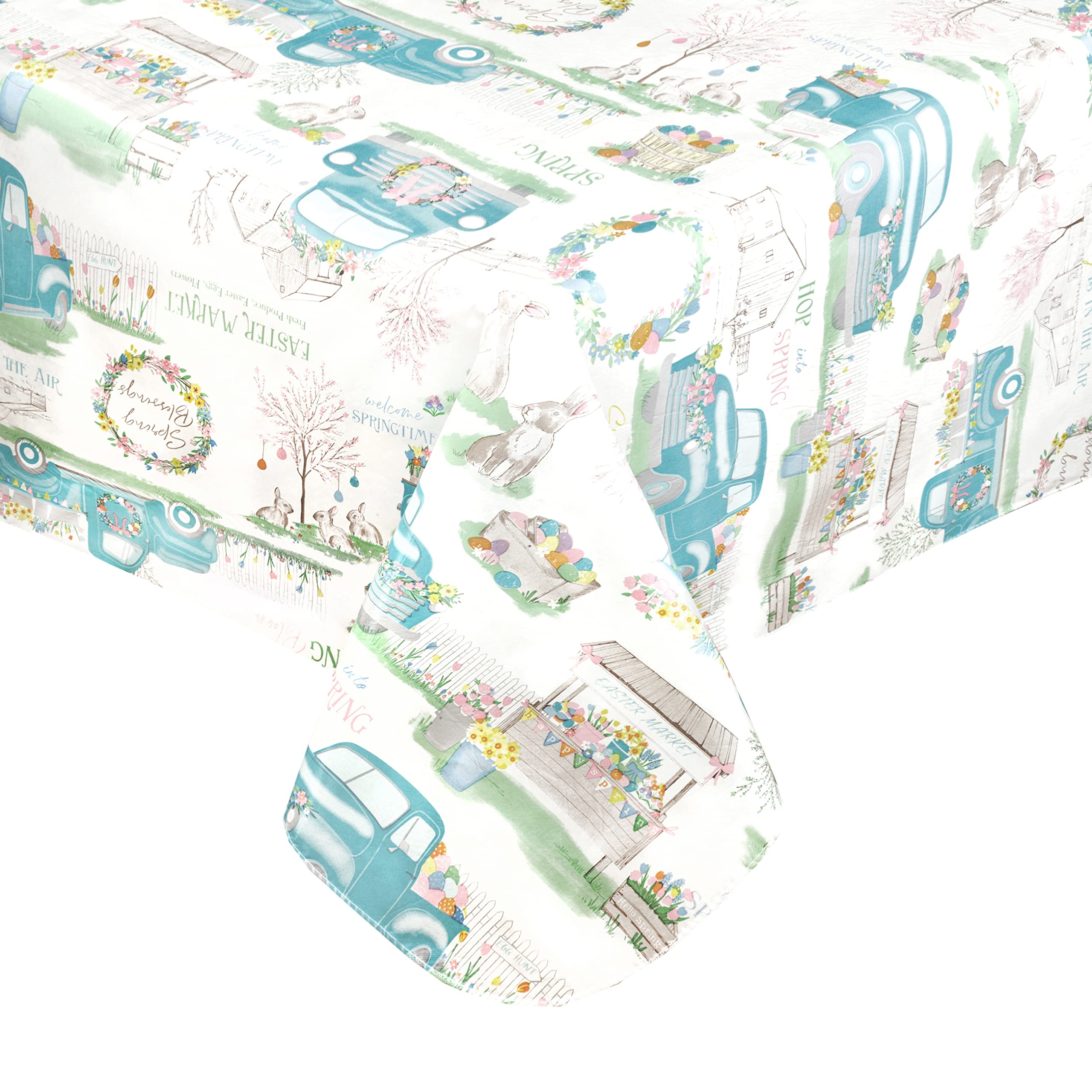Newbridge Nostalgic Easter Market Farm Truck Vinyl Flannel Backed Tablecloth - Spring Flower Design with Bunny & Egg Print, 52x52 Inch Square Waterproof Table Cover for Indoor/Outdoor Use - Perfect for Easter Decorations, Spring Parties, Picnics, and Farmhouse Dining