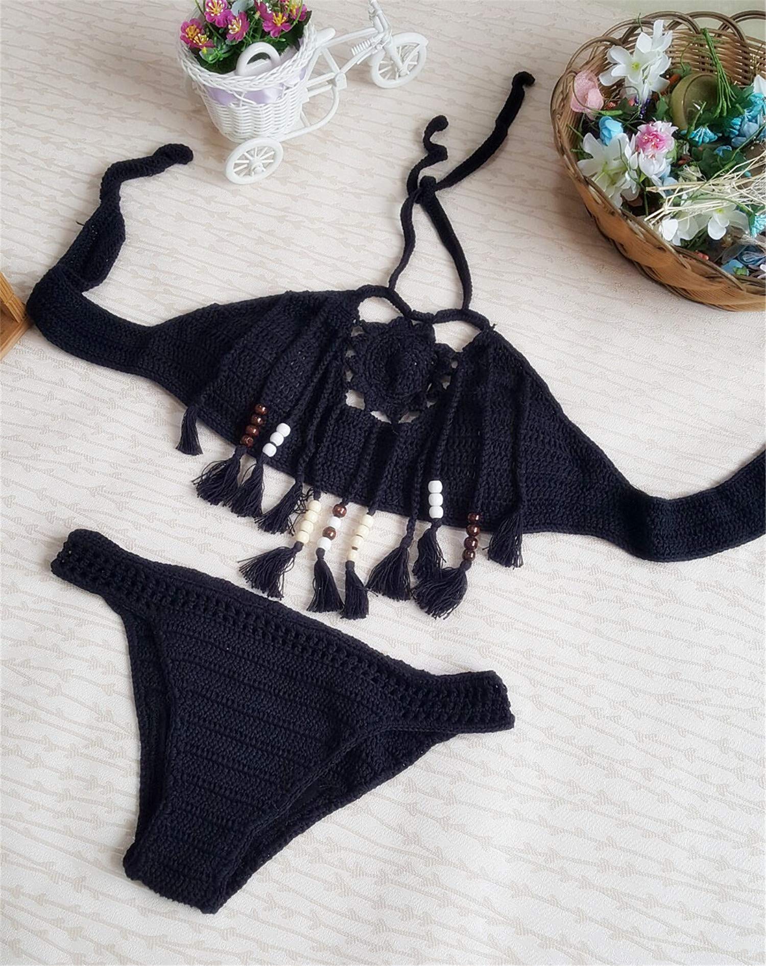 Andongnywell Women's Crochet Fringed Bikini Set - Handmade Two Piece Swimsuit with Tassels for Beach Vacation, Pool Party & Summer Getaway