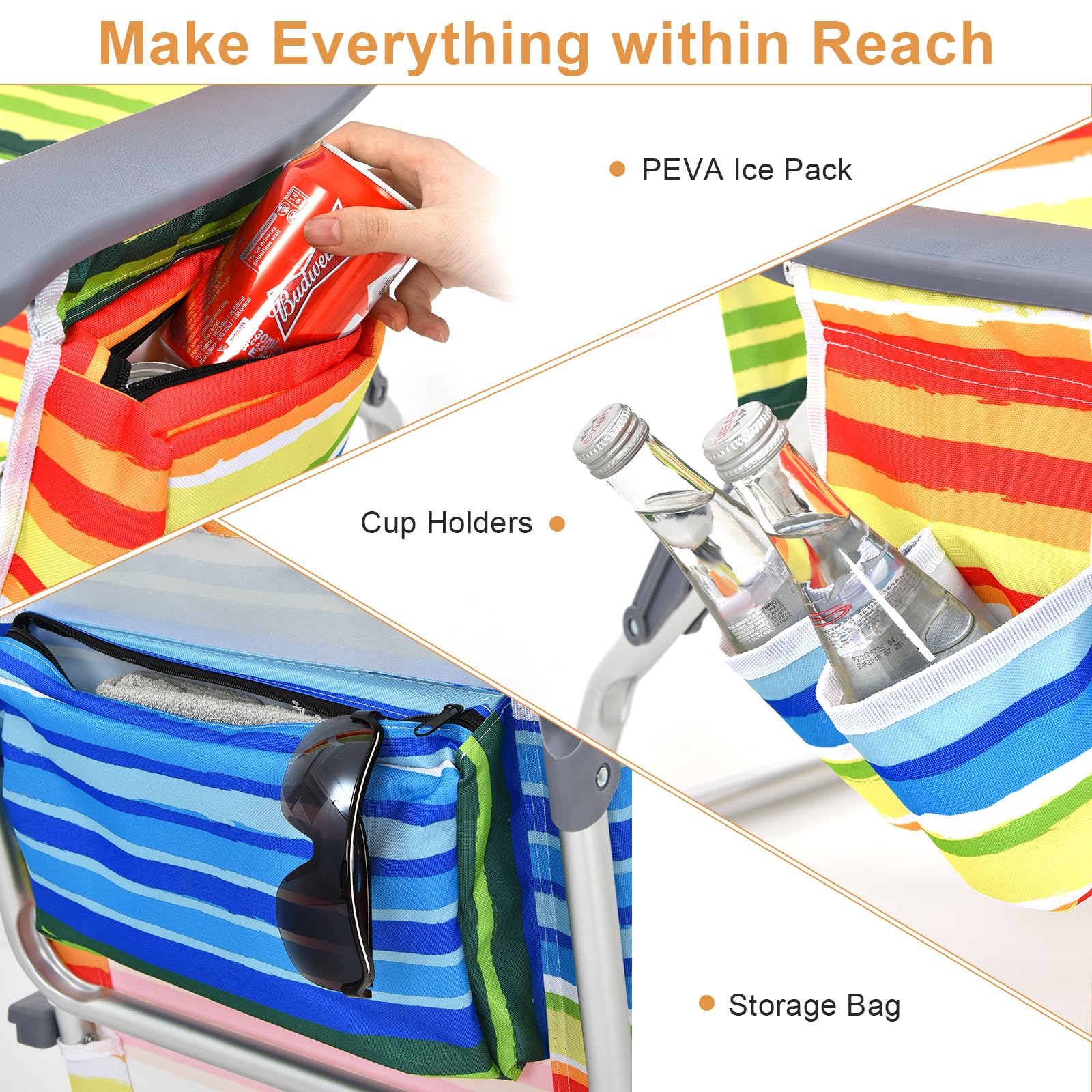 GYMAX 2-Pack Portable Folding Beach Chairs with Cooler Bag, Cup Holder & Side Pockets - Lightweight Backpack Camping Chairs for Outdoor, Picnic, Pool Party & Beach Relaxation (Yellow Strip, Includes Table)