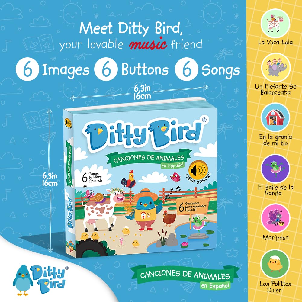 Ditty Bird Spanish Nursery Rhymes Sound Book - Bilingual English/Spanish Musical Books for Toddlers & Babies | Interactive Animal & Bedtime Songs | Early Learning & Language Development | Perfect for Storytime, Gifts & Spanish Immersion (Libro en Español para Bebés)