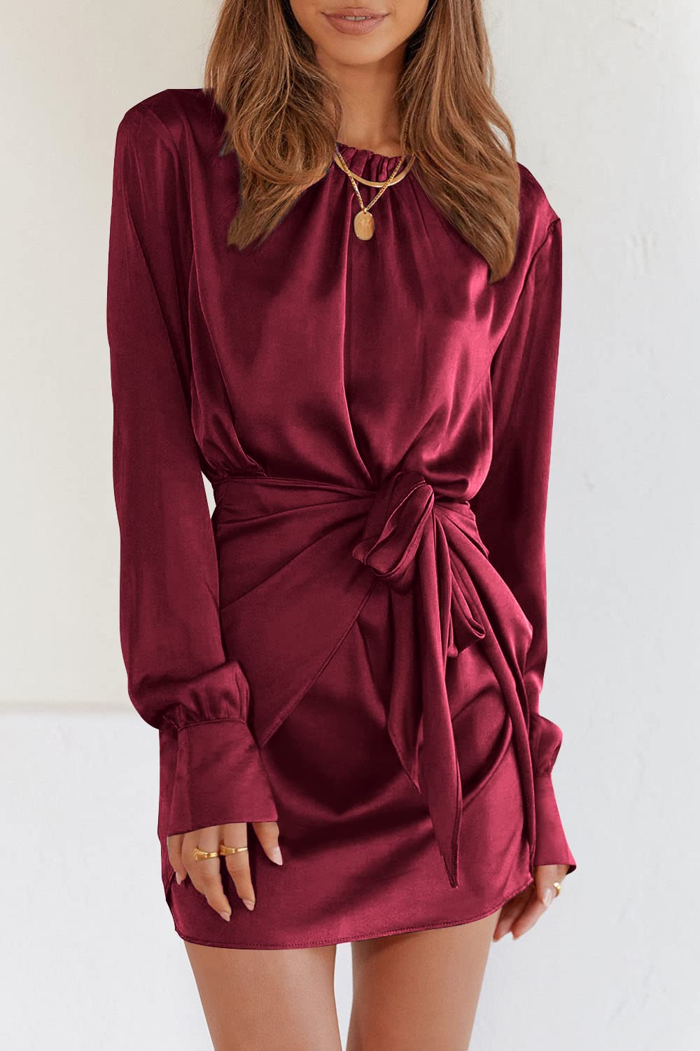 PRETTYGARDEN Women's Satin Cocktail Dress - Long Sleeve Tie Waist Elegant Mini Dress for Spring & Fall - Perfect for Party, Wedding Guest, Date Night & Special Occasions