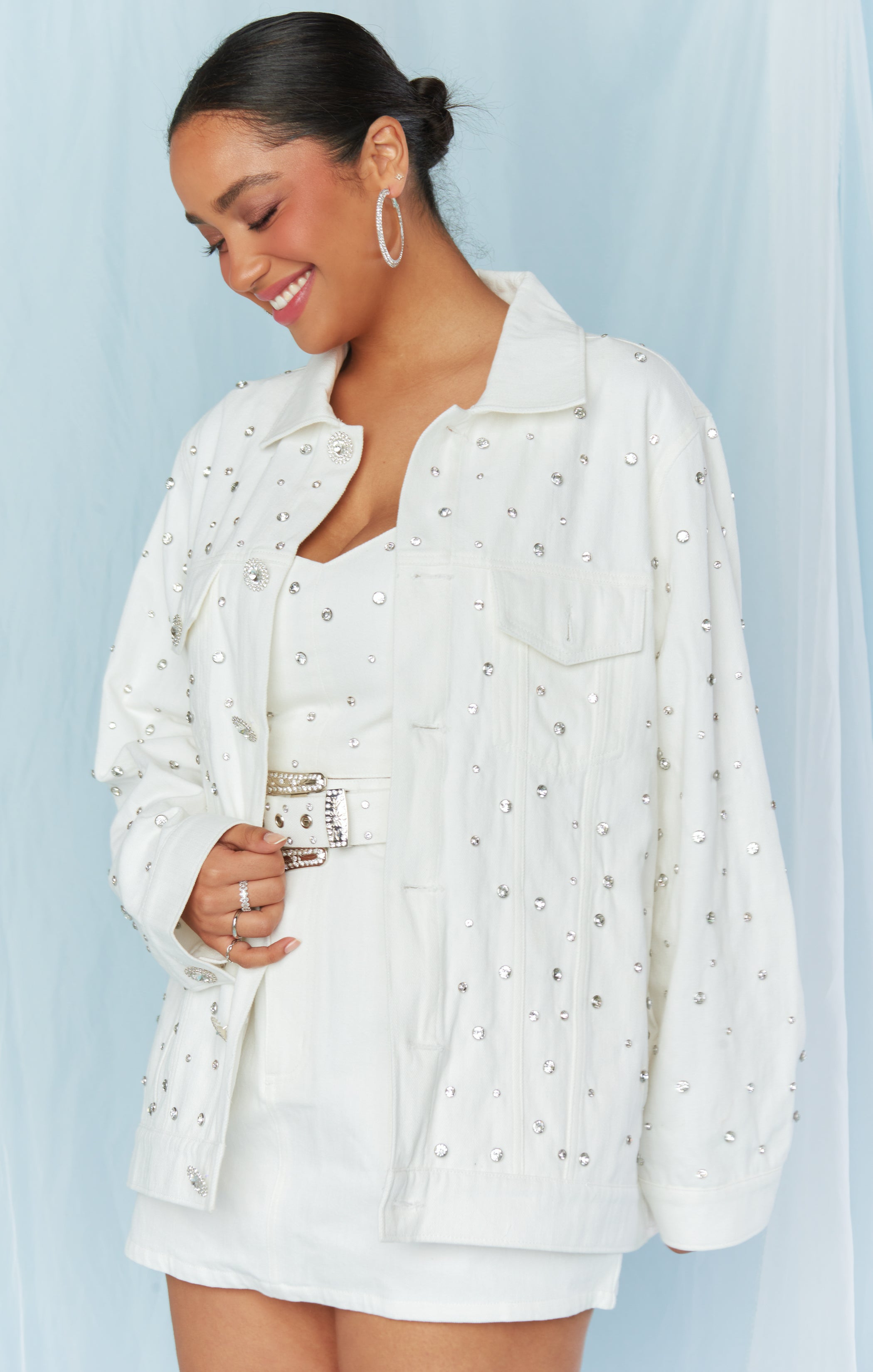 Rhinestone Embroidered White Denim Wedding Jacket for Brides - Perfect for Bachelorette Parties, Bridal Showers & Wedding Receptions
