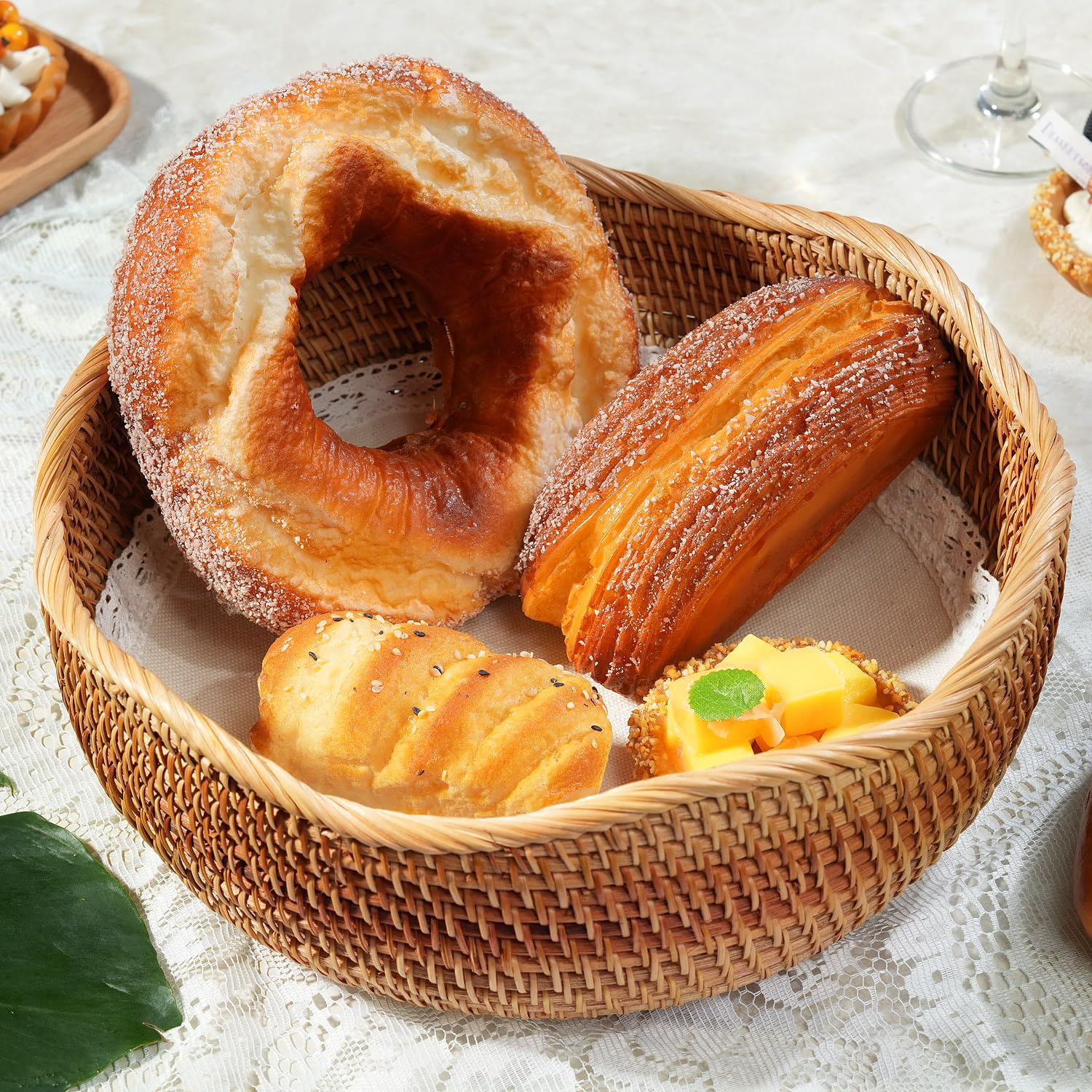 Round Rattan Wicker Bread Basket with Removable White Liner - 11
